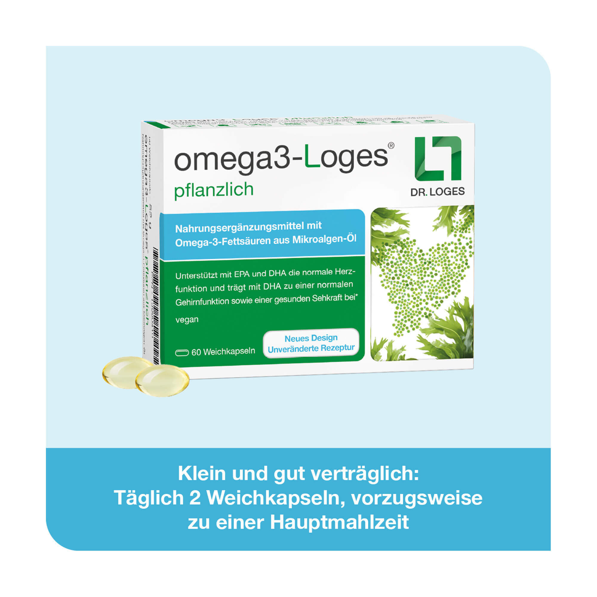 Grafik Omega 3-Loges pflanzlich Kapseln Klein und gut verträglich: Täglich 2 Weichkapslen, vorzugsweise zu einer Hauptmahlzeit