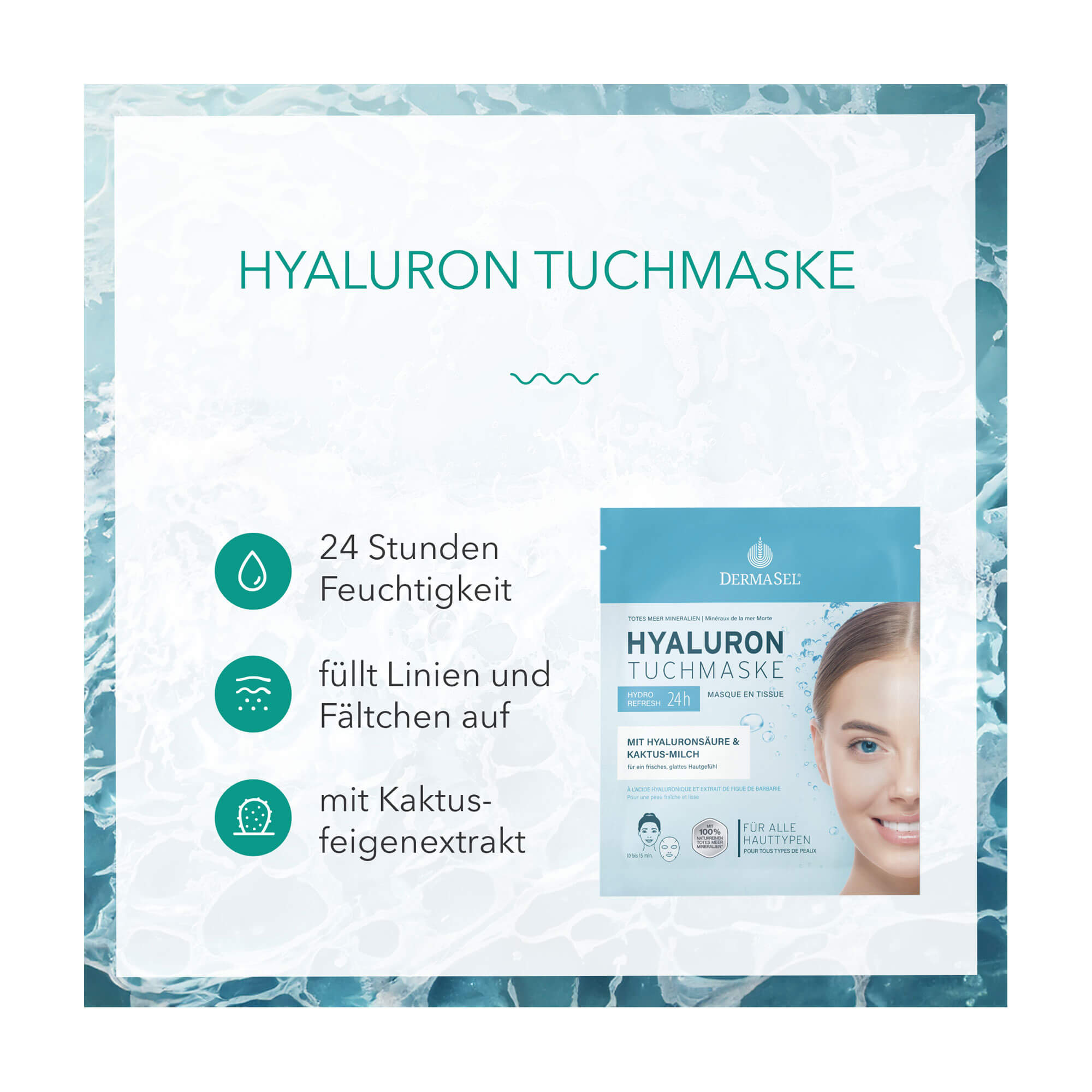 Grafik DermaSel Totes Meer Mineralien Hyaluron Tuchmaske Produktmerkmale