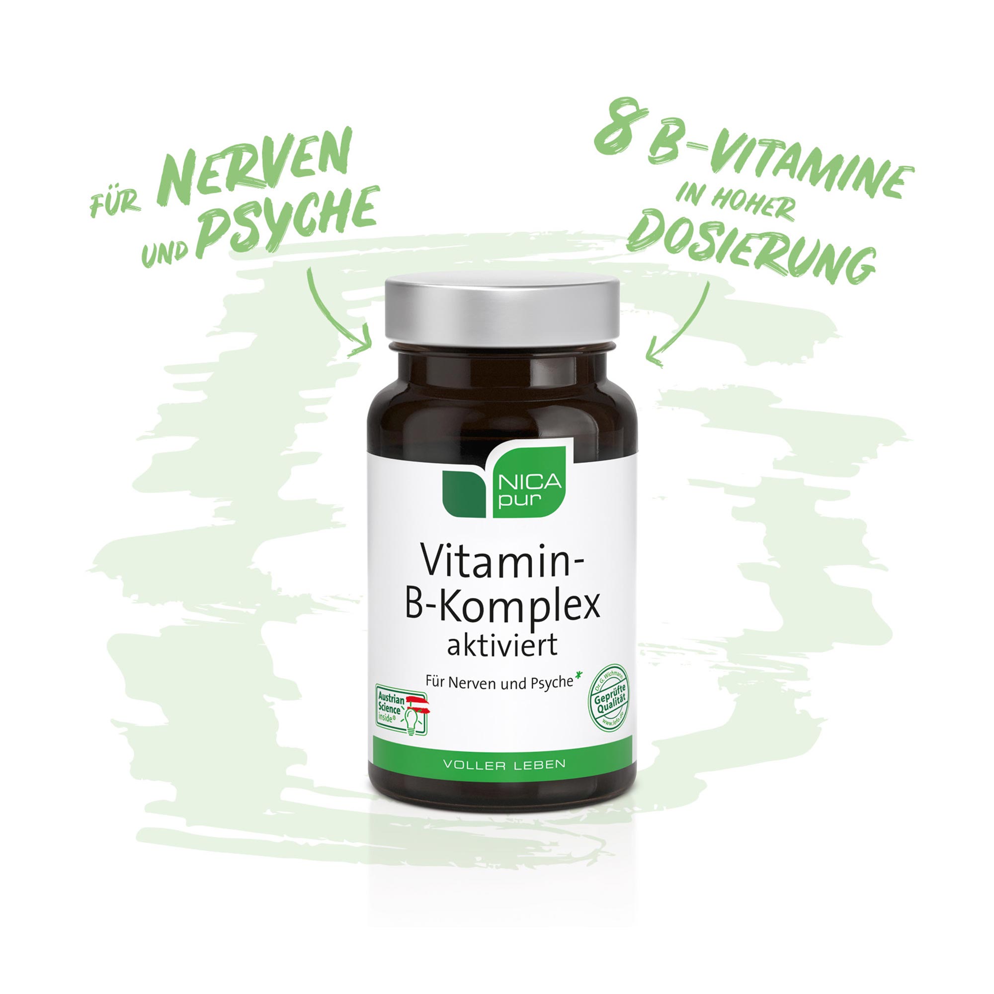 Grafik NICApur Vitamin-B-Komplex aktiviert Kapseln für Nerven und Psyche