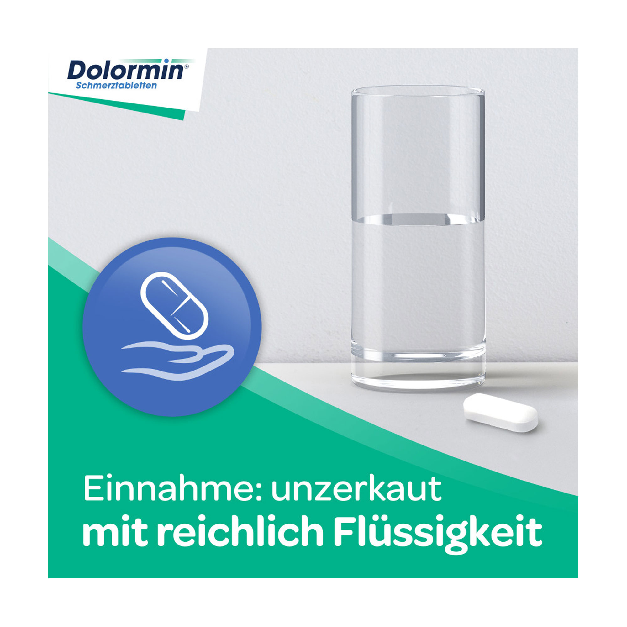 Grafik Dolormin Schmerztabletten Einnahme unzerkaut mit reichlich Flüssigkeit