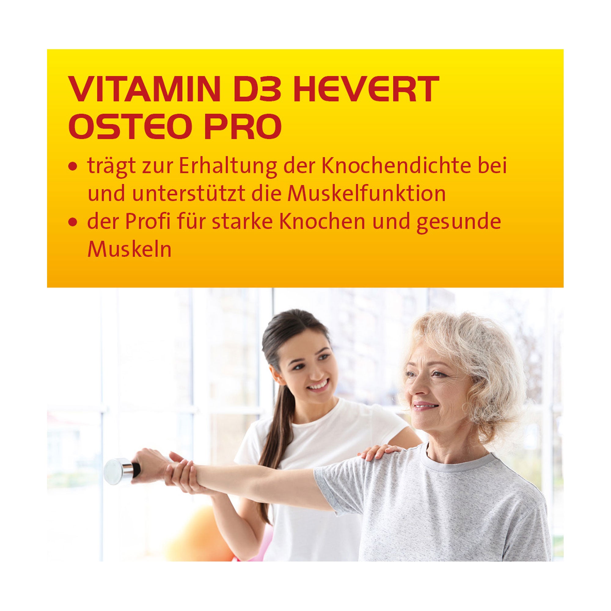 Grafik Vitamin D3 Hevert Osteo Pro Filmtabletten Trägt zur Erhaltung der Knochendichte bei und unterstützt die Muskelfunktion