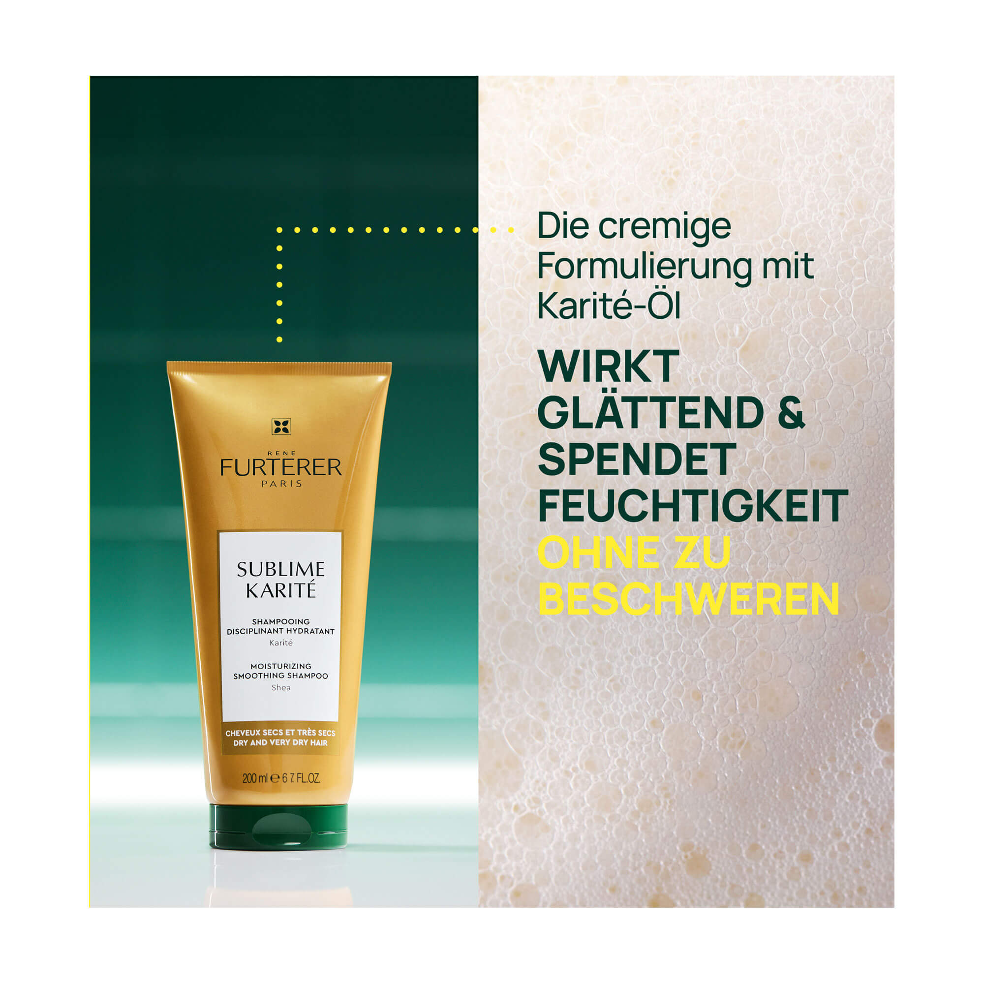 Grafik Rene Furterer Sublime Karité Feuchtigkeitsspendendes Shampoo Wirkt glättend. Spendet Feuchtigkeit.