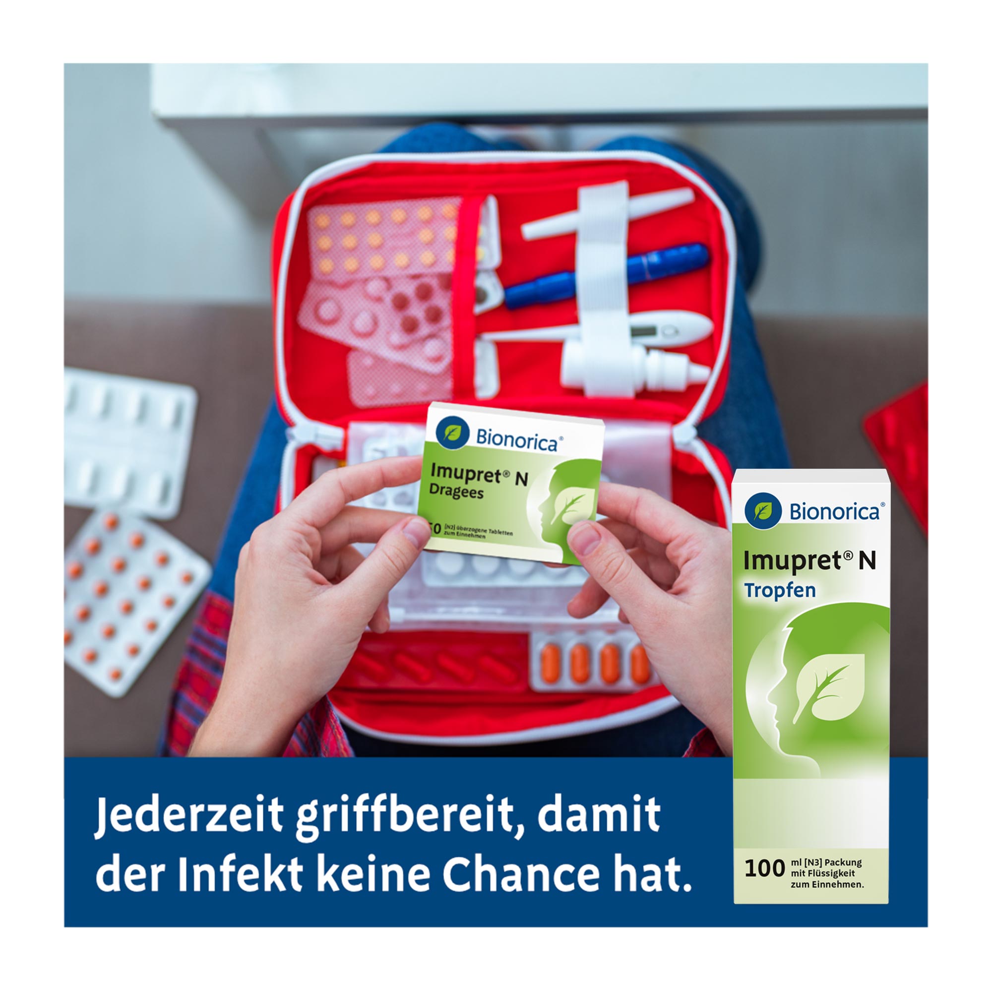 Grafik Imupret N Tropfen jederzeit griffbereit, damit der Infekt keine Chance hat