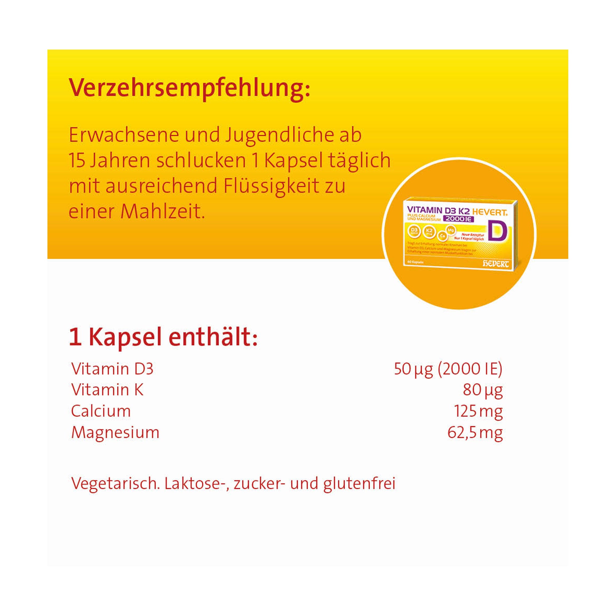 Grafik Vitamin D3 K2 Hevert + Calcium und Magnesium 2000 IE Kapseln Verzehrsempfehlung und Zusammensetzung