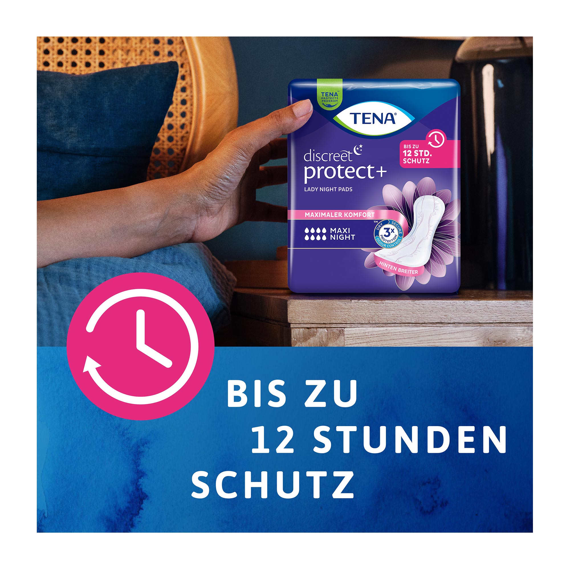 Grafik TENA Lady Discreet Maxi Night Inkontinenz Einlagen bis zu 12 Stunden Schutz