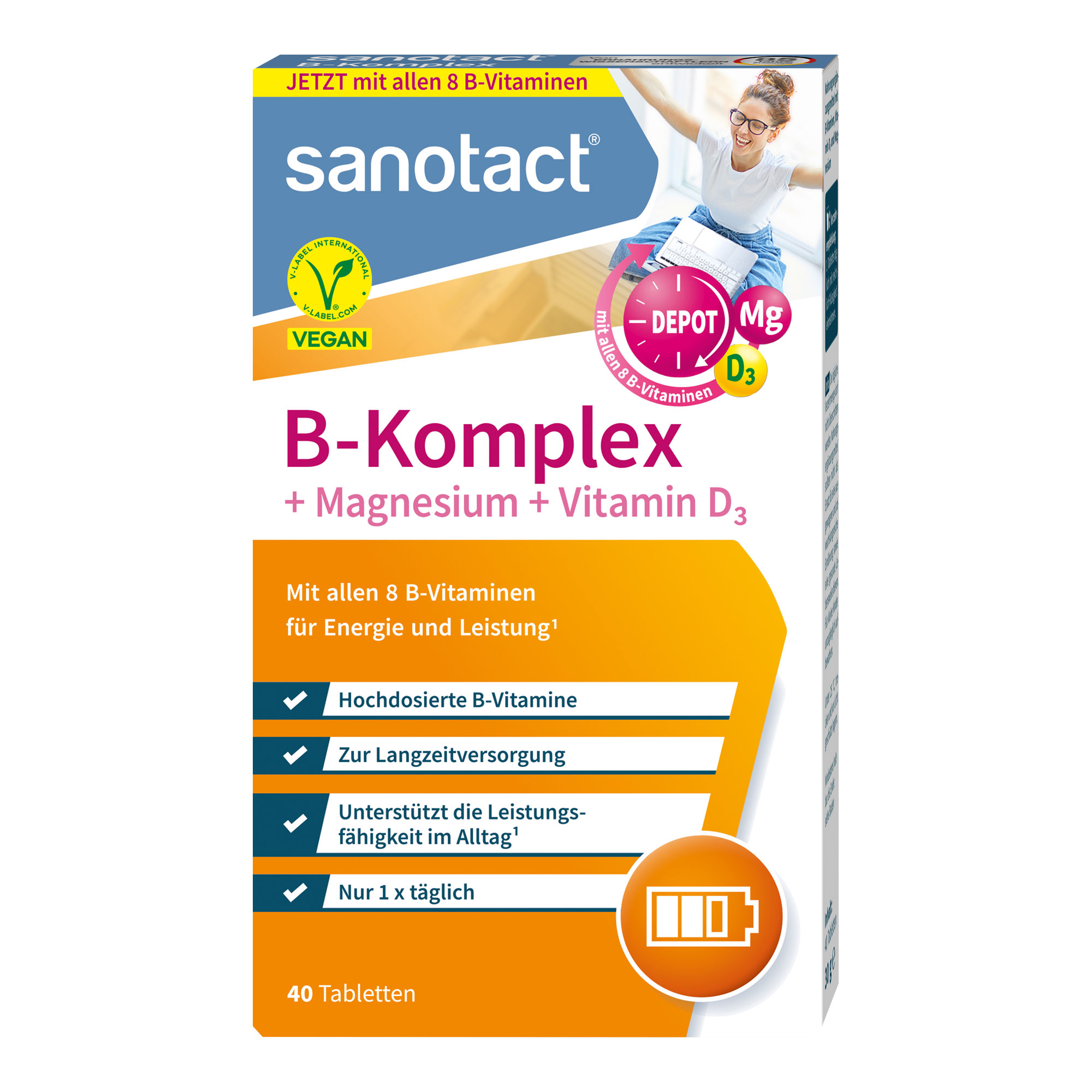 Nahrungsergänzungsmittel mit B-Vitaminen, Vitamin D3 und Magnesium.