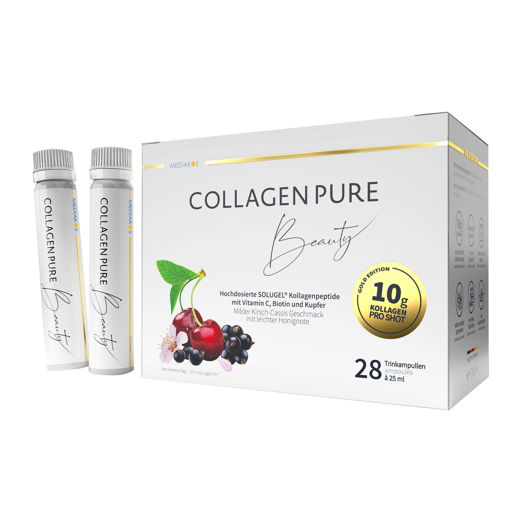 Nahrungsergänzungsmittel mit hochdosierten SOLUGEL® Kollagenpeptiden, Vitamin C, Biotin und Kupfer.