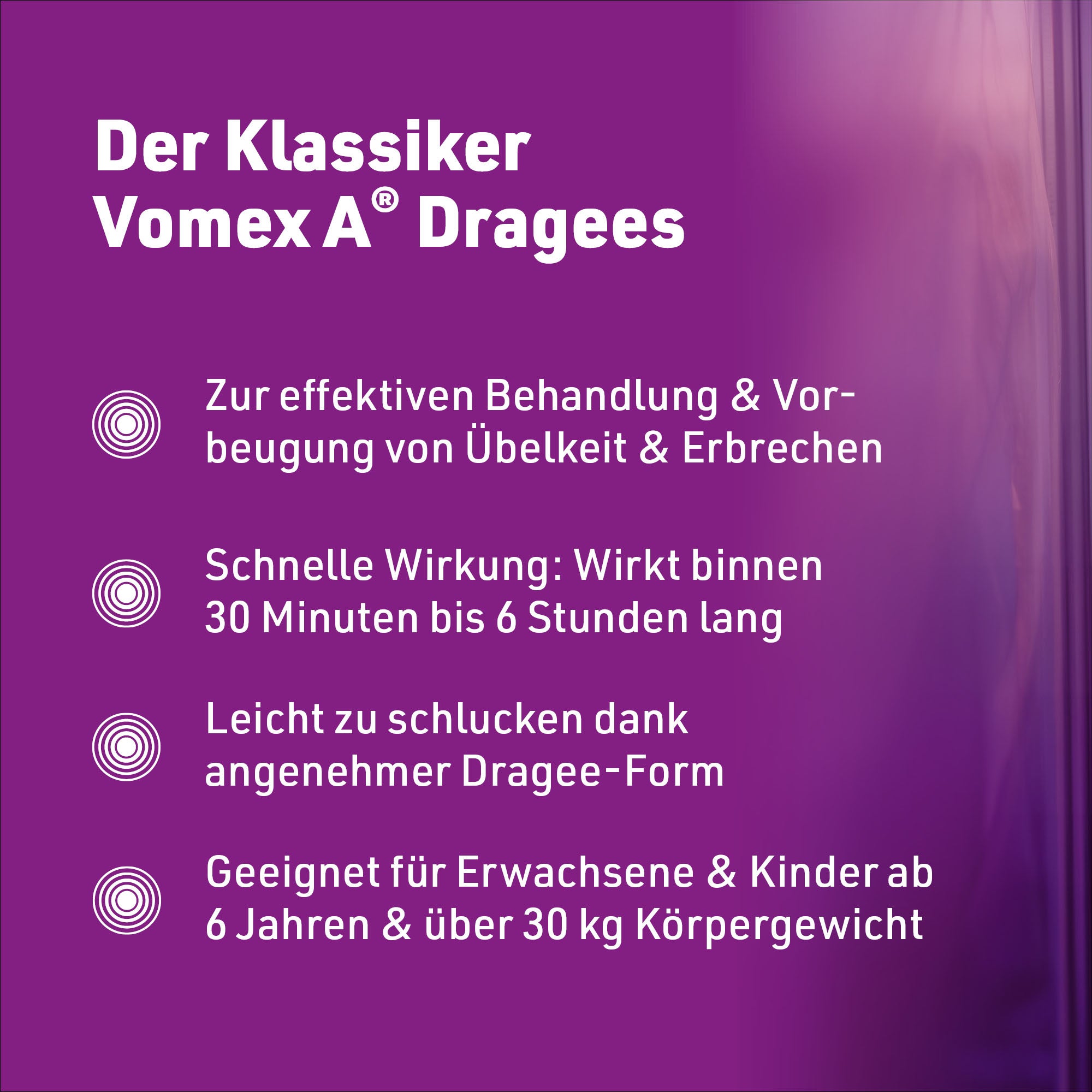 Produktvorteile Vomex A Dragees 50 mg überzogene Tabletten Grafik