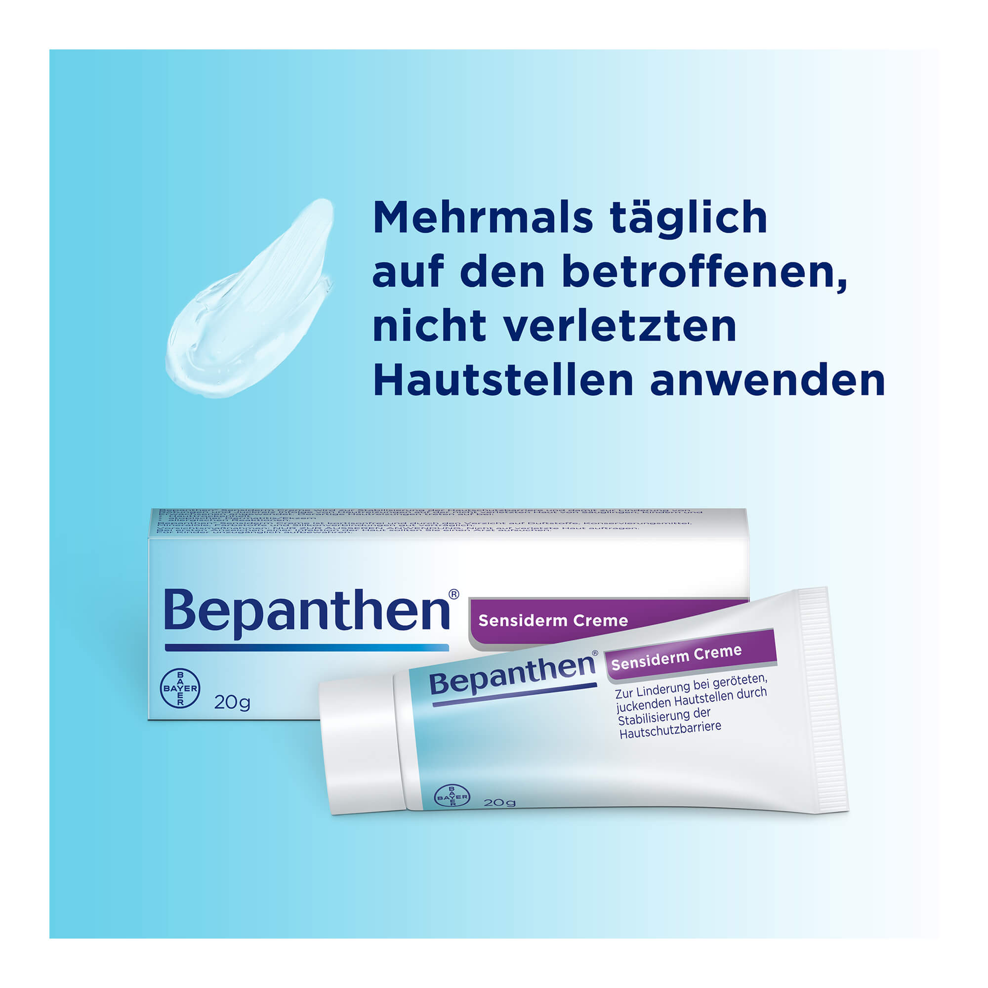 Grafik Bepanthen Sensiderm Creme Mehrmals täglich auf den betroffenen, nicht verletzten Hautstellen anwenden