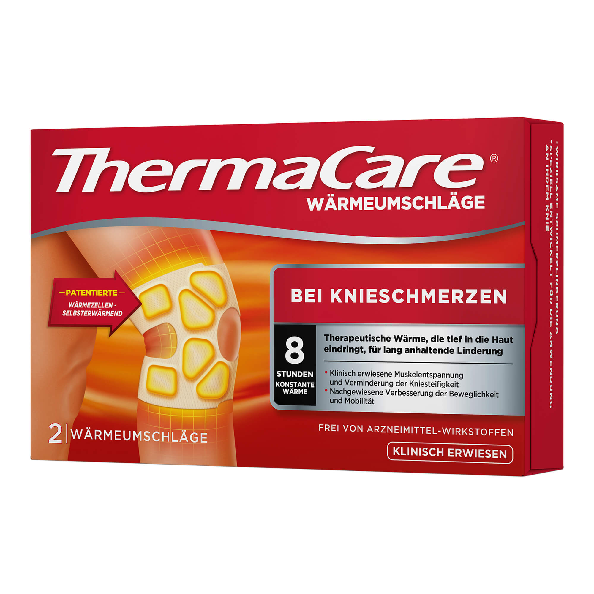 Therapeutische Tiefenwärme für bis zu acht Stunden bei Knieschmerzen. Ergonomische und flexible, auf das Knie angepasste, Form.