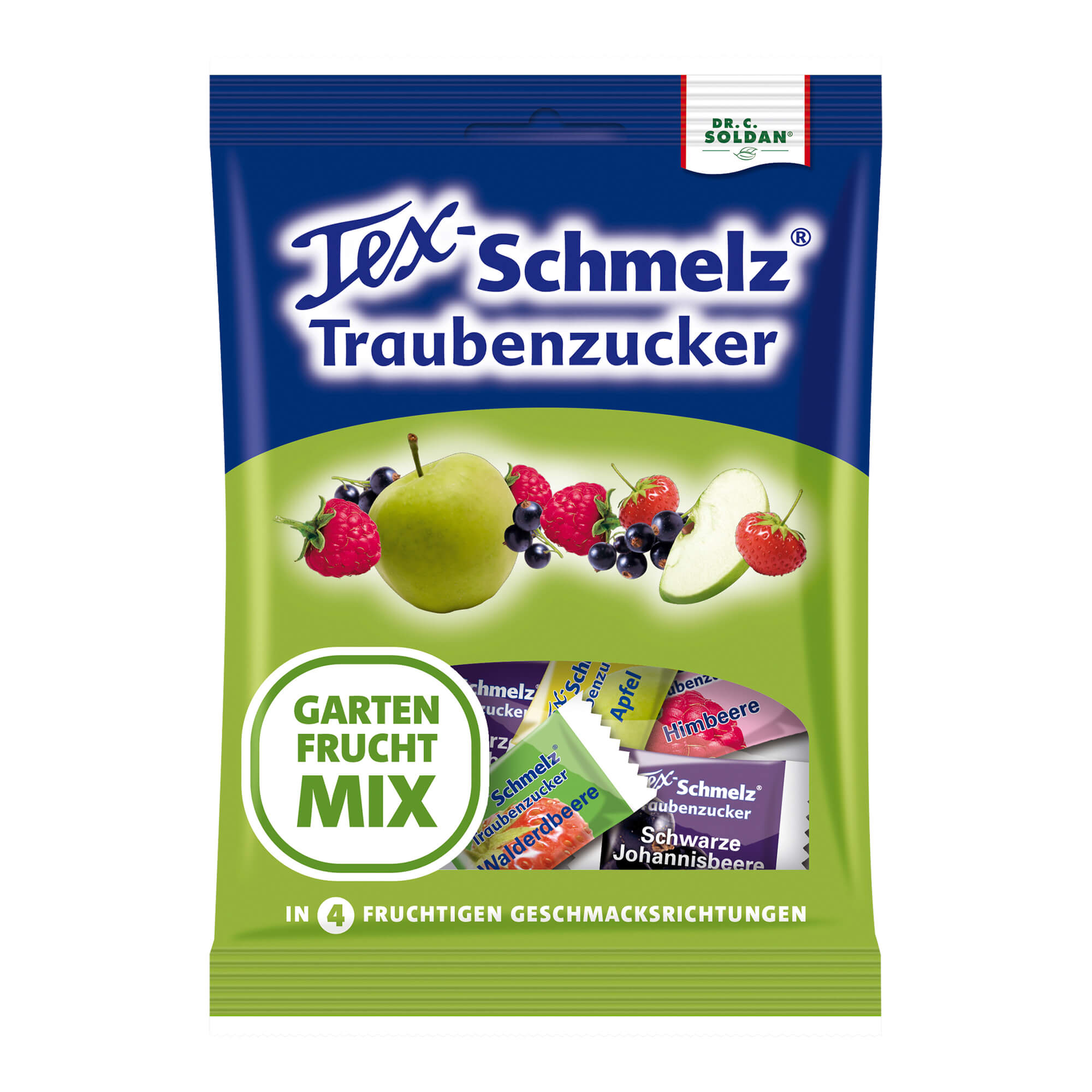 Dextrose-Bonbons in vier Geschmacksrichtungen: Apfel, Himbeere, Schwarze Johannisbeere und Walderdbeere.