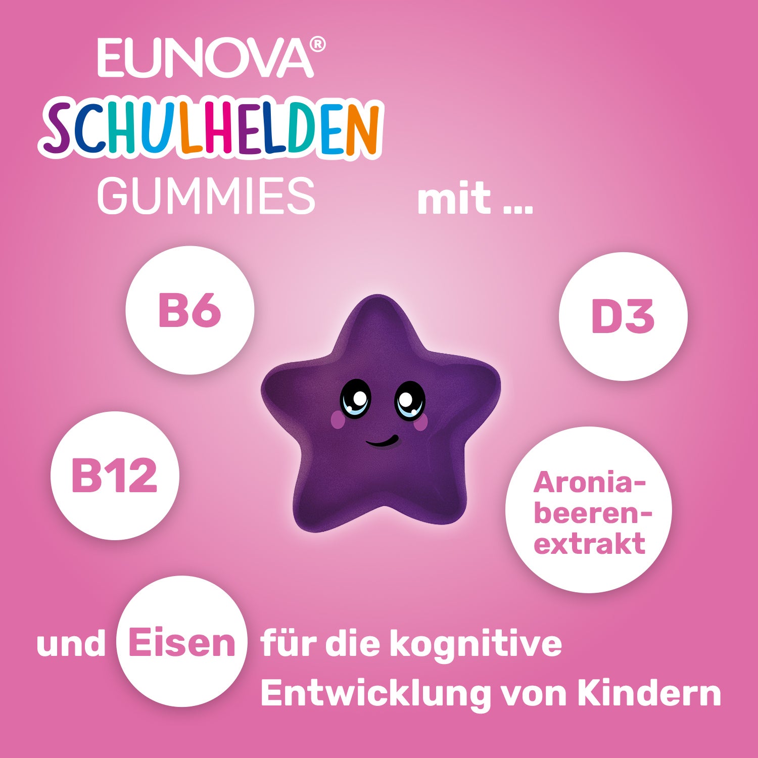 Grafik Eunova Schulhelden Gummies Mit Vitamin B6, B12, D3, Eisen und Aroniabeeren-Extrakt