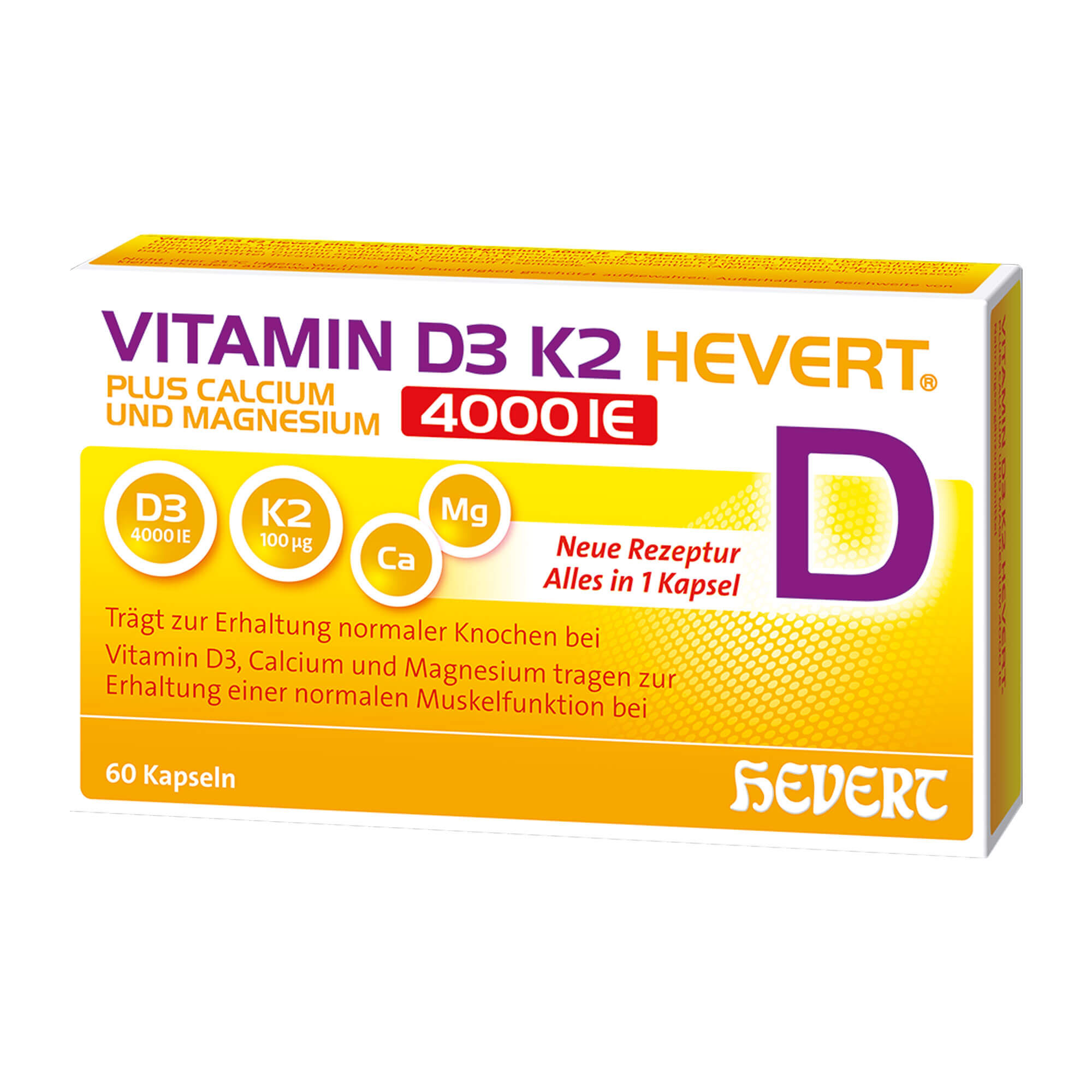 Nahrungsergänzungsmittel mit Vitamin D3, K2, Magnesium und Calcium zur Stärkung von Knochen- und Muskelfunktion.