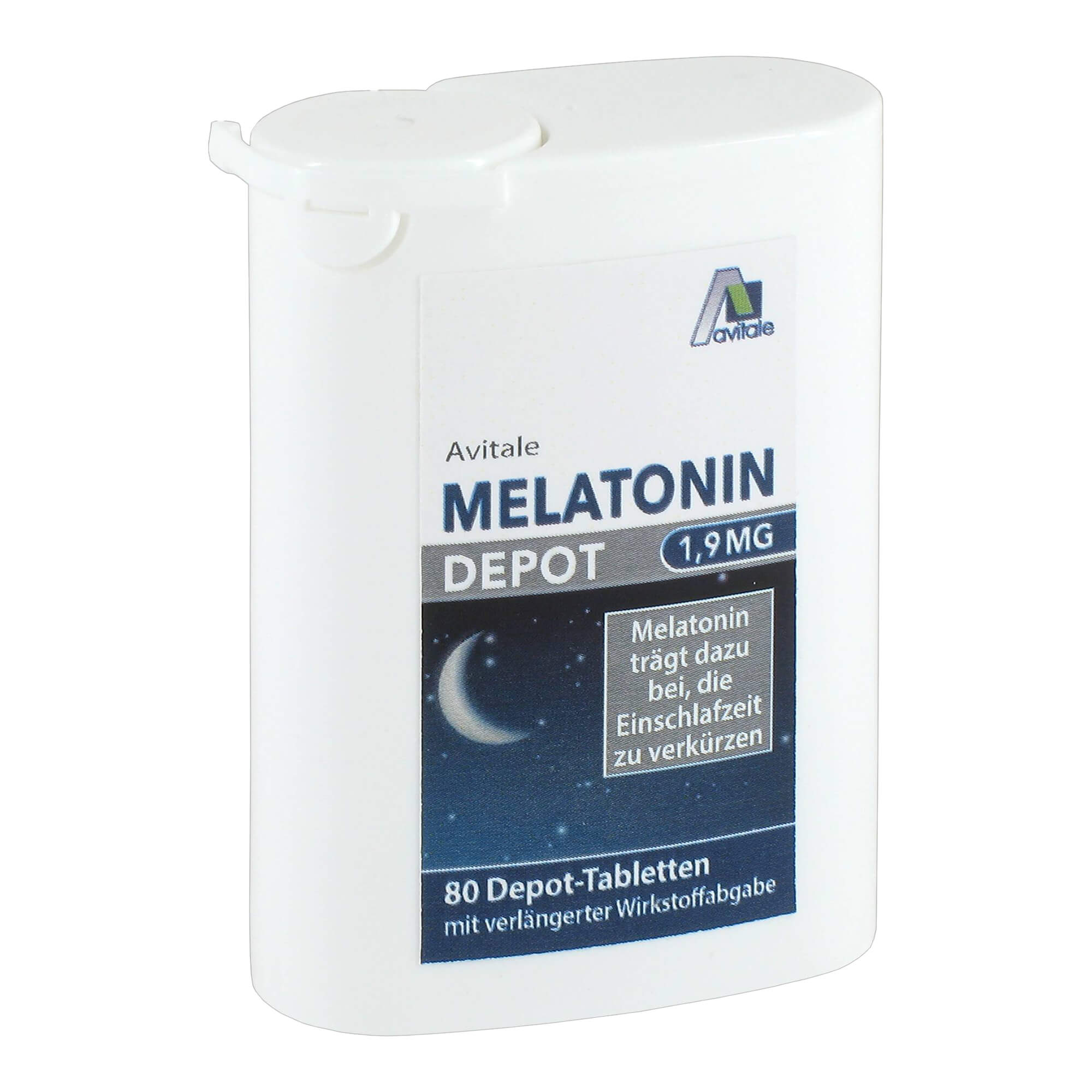 Nahrungsergänzungsmittel mit 1,9 mg Melatonin. Depot-Tabletten mit verlängerter Wirkstoffabgabe.