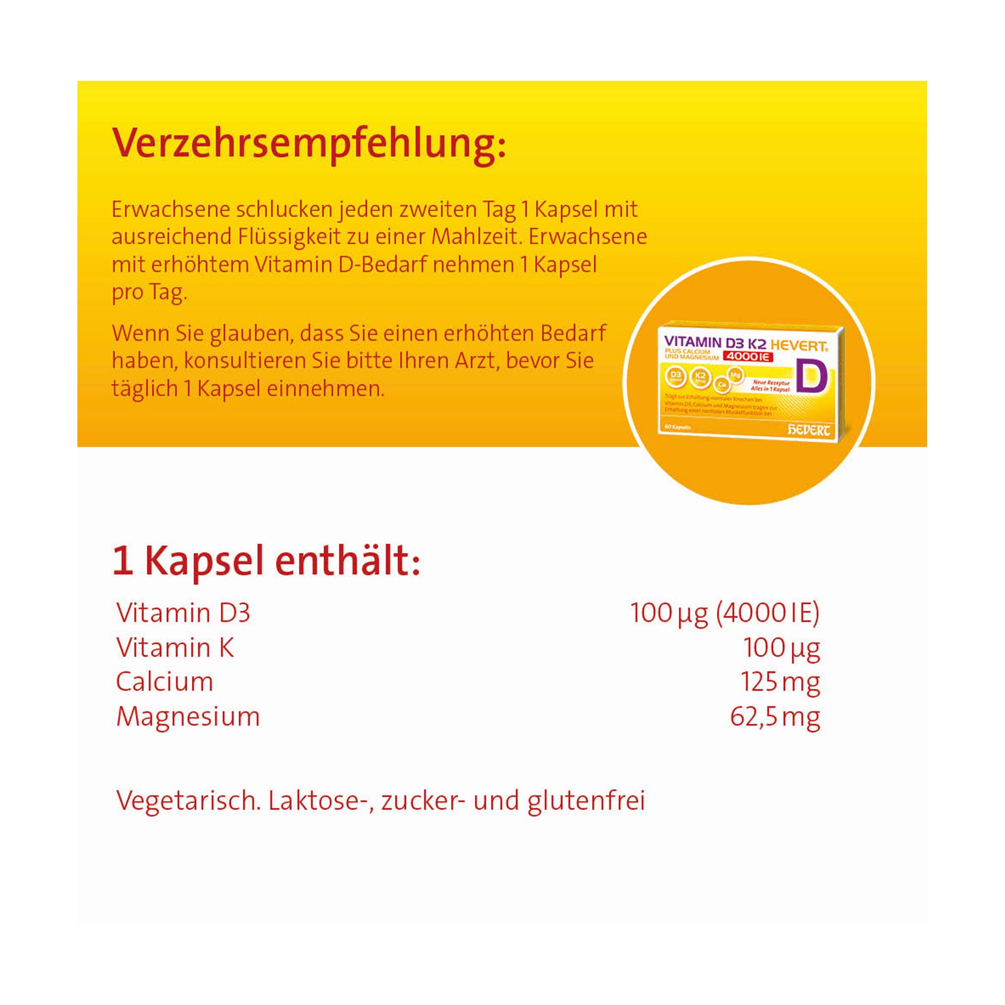 Grafik Vitamin D3 K2 Hevert + Calcium und Magnesium 4000 IE Kapseln Verzehrsempfehlung und Zusammensetzung