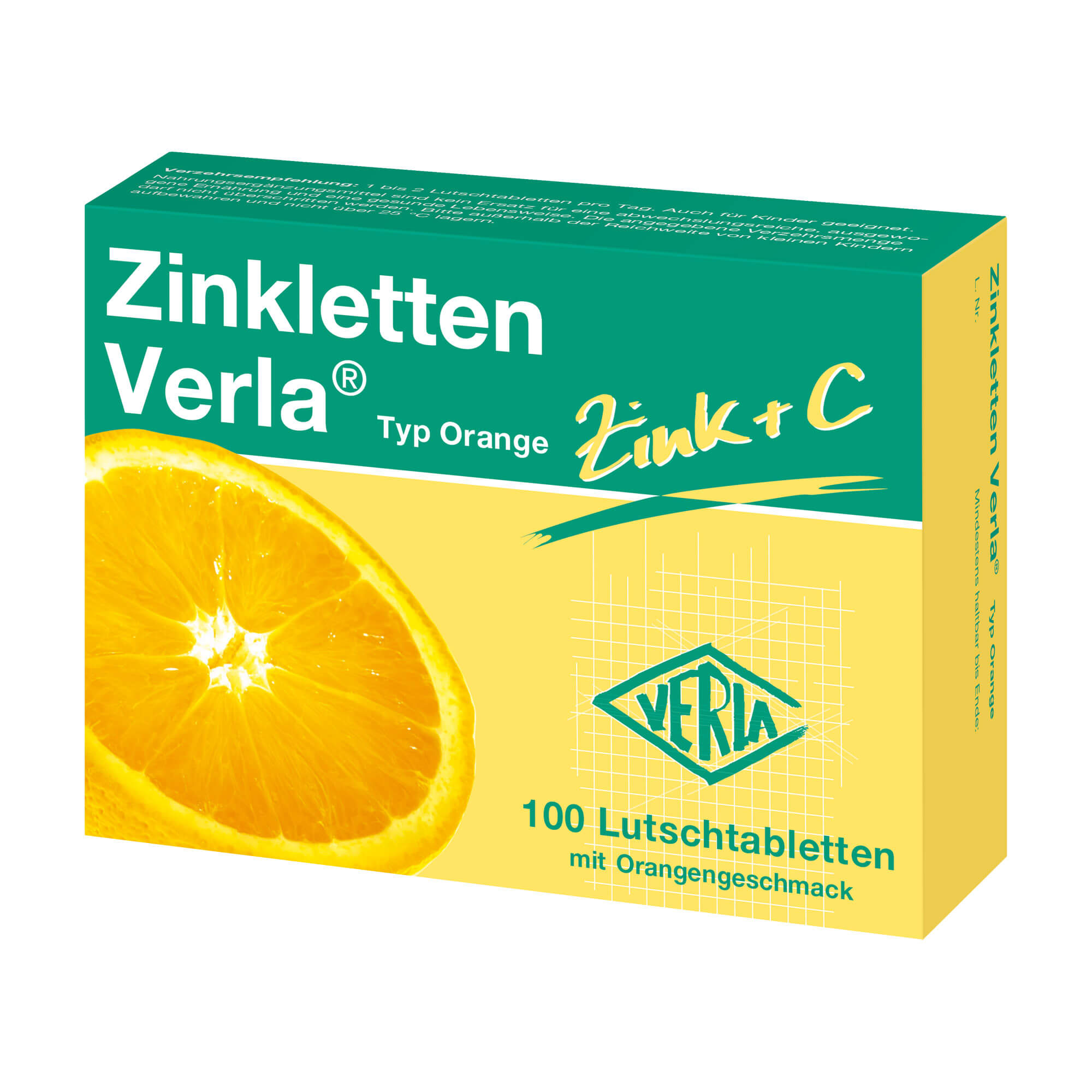 Nahrungsergänzungsmittel mit Zink und Vitamin C. Mit Orangengeschmack.