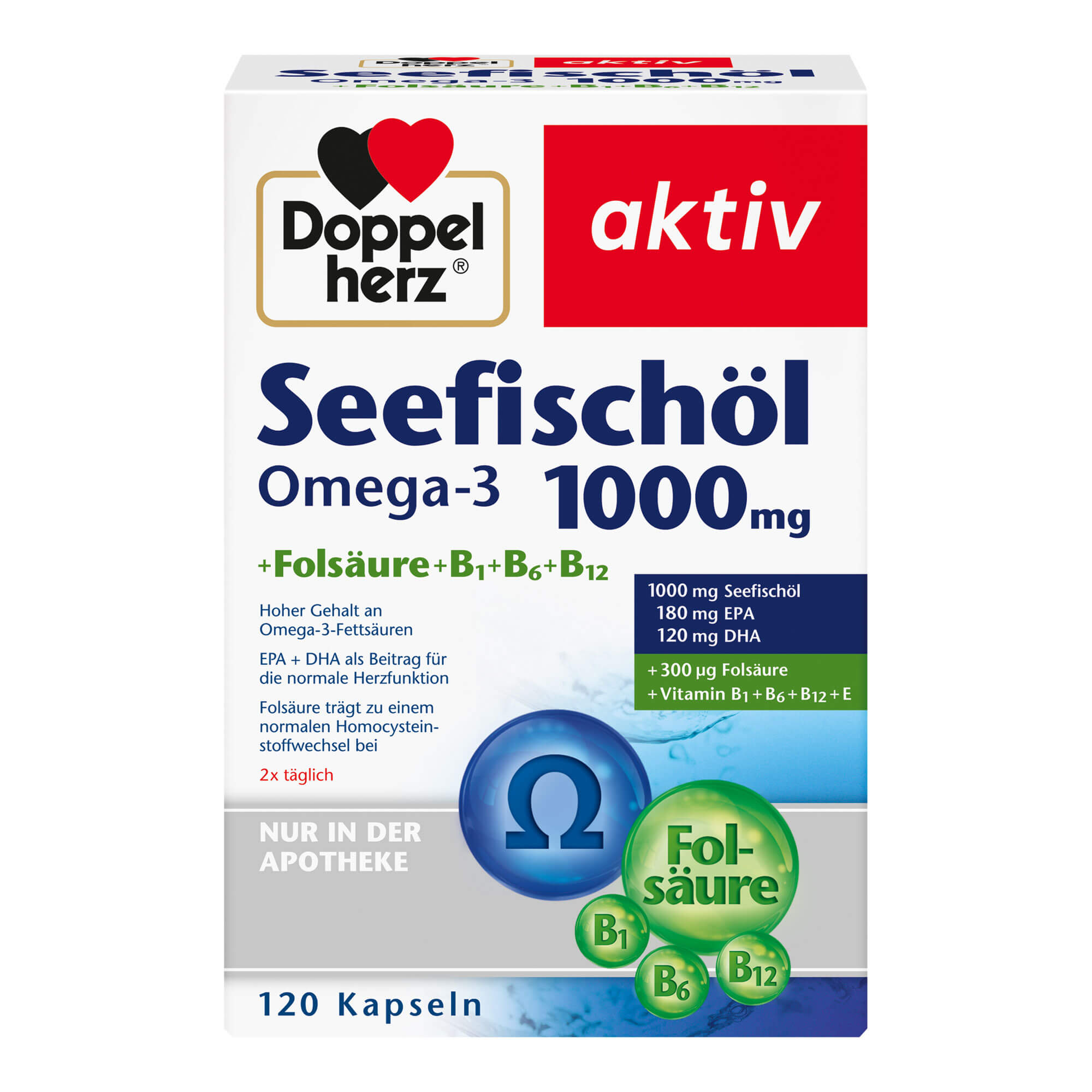 Nahrungsergänzungsmittel mit Seefischöl, Vitamin E, Vitamin B1, B6, B12 und Folsäure.