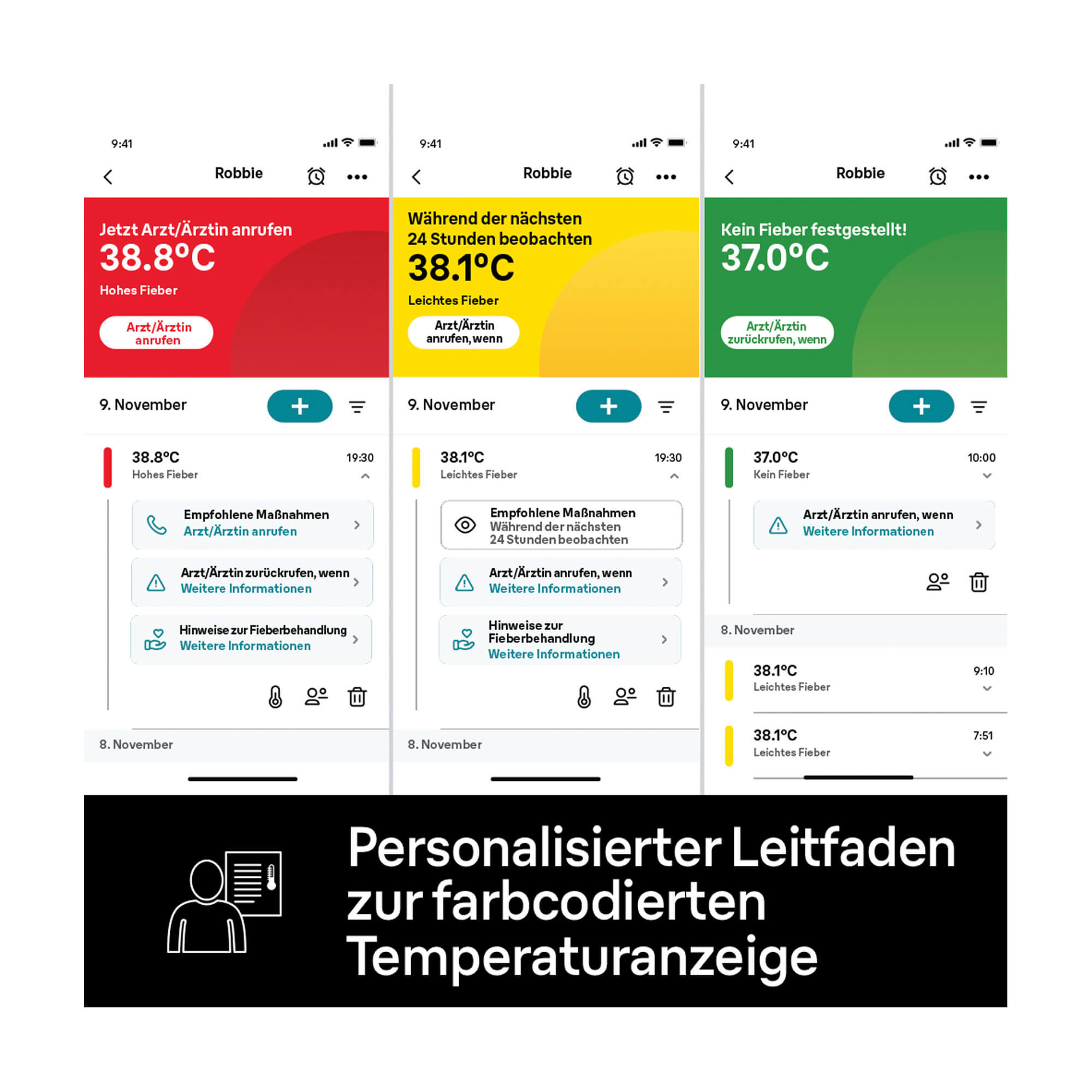 Grafik Braun ThermoScan 7+ Connect Ohrthermometer Personalisierter Leitfaden zur farbcodierten Temperarturanzeige