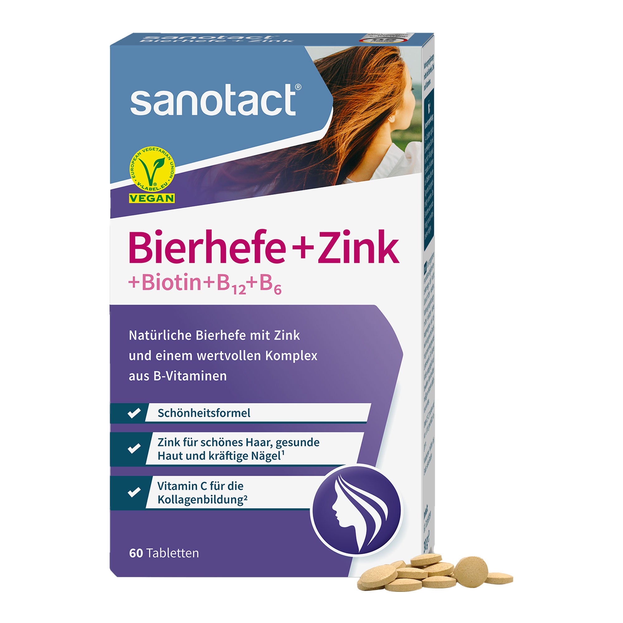 Nahrungsergänzungsmittel mit Bierhefe, Zink und Vitaminen.