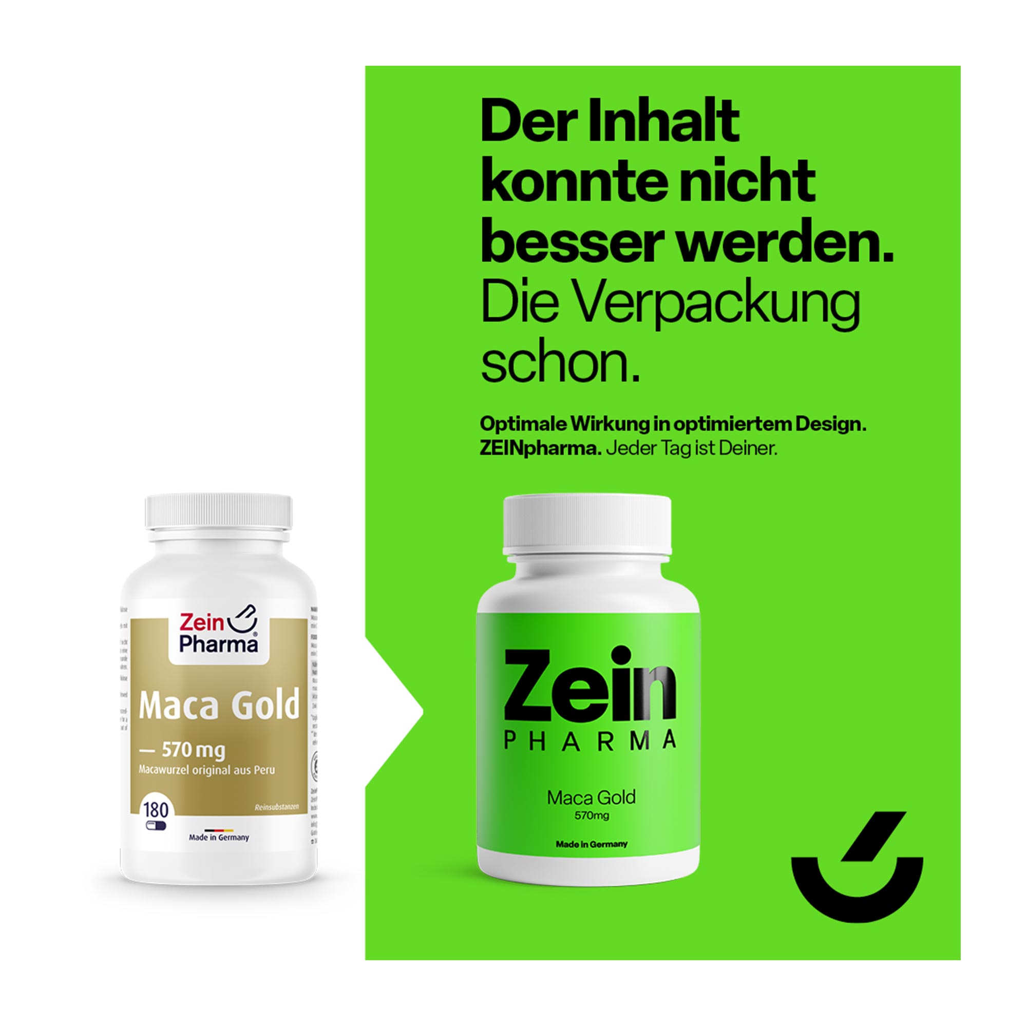 Grafik Maca Gold 570 mg vegetarische Kapseln altes und neues Design im Überblick