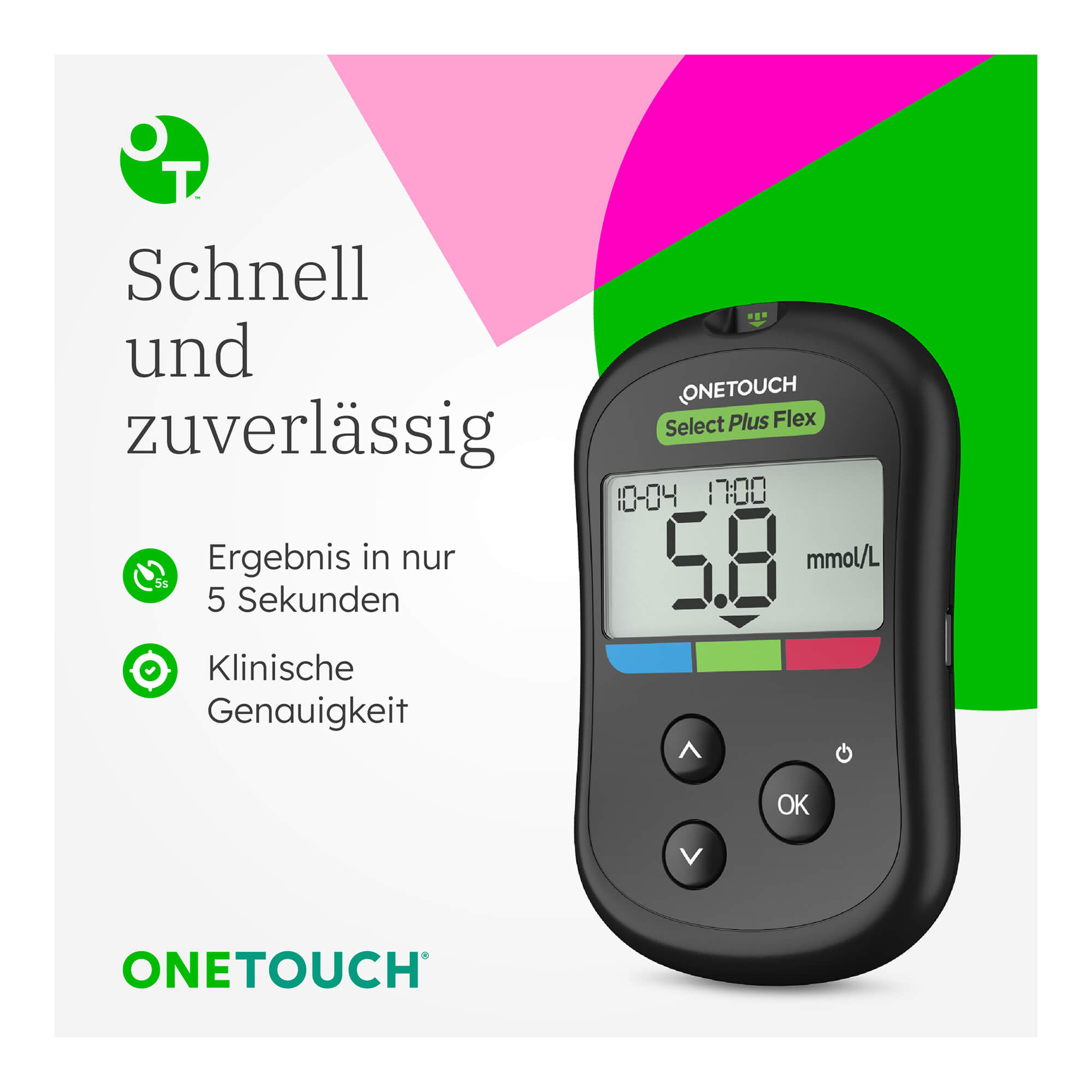 Grafik OneTouch Select Plus Flex Blutzucker-Messgerät (mmol/L) Schnell und zuverlässig messen