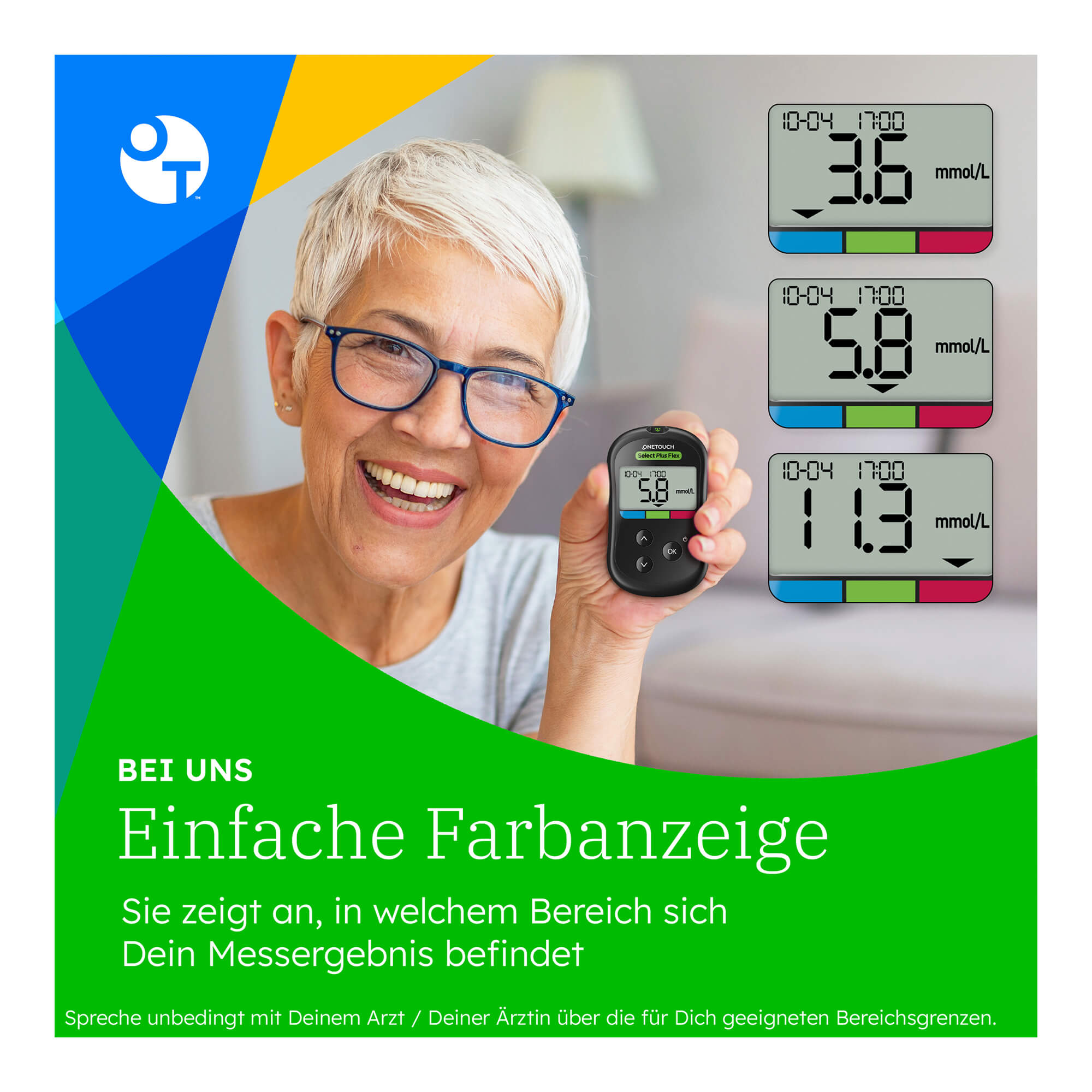 Grafik OneTouch Select Plus Flex Blutzucker-Messgerät (mmol/L) Einfache Farbanzeige