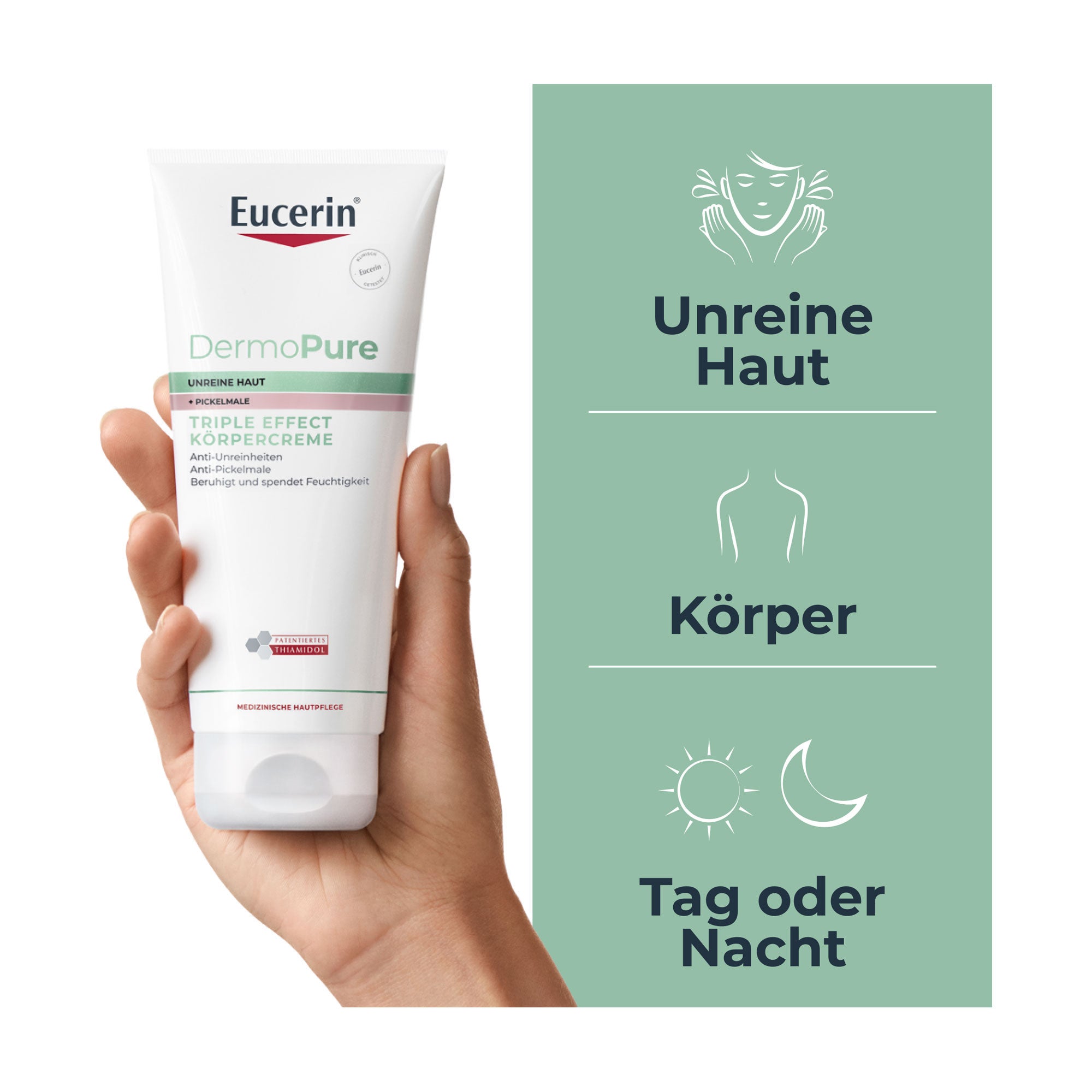 Grafik Eucerin DermoPure Triple Effect Bodycream Für unreine Haut am Körper. Geeignet für Tag oder Nacht.