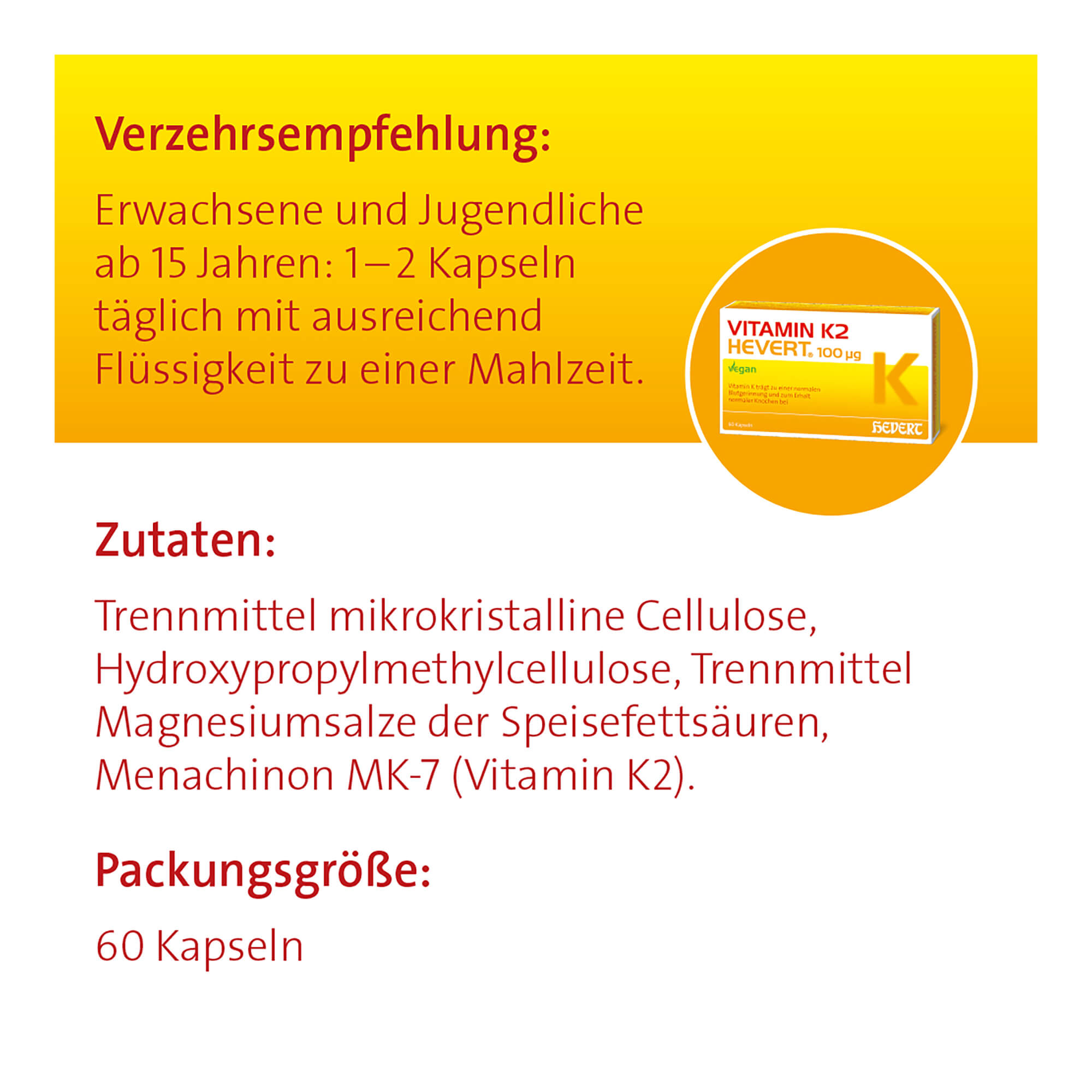 Grafik Vitamin K2 Hevert 100 µg Kapseln Verzehrsempfehlung und Zutaten