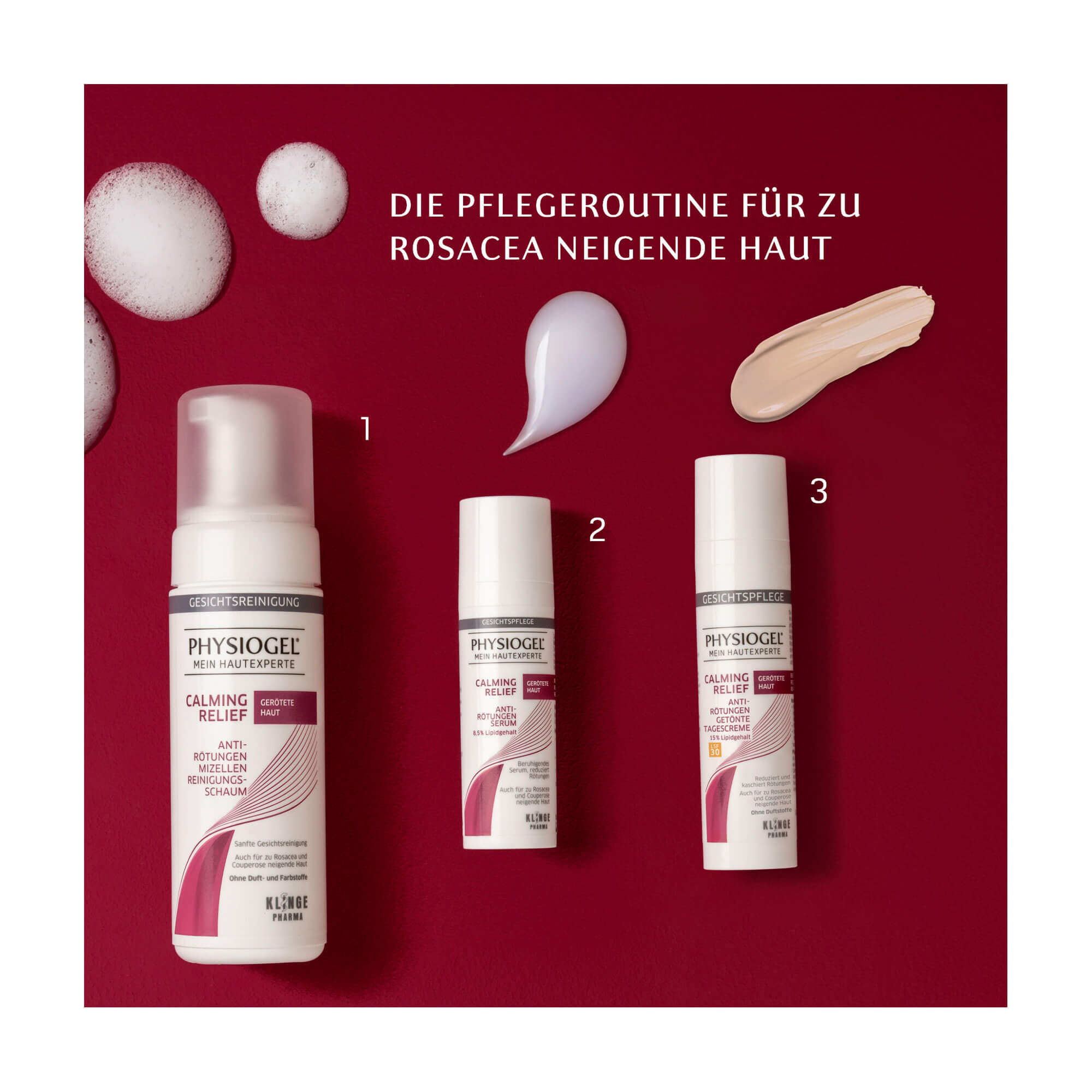 Grafik Physiogel Calming Relief Pflegeroutine für zu Rosacea neigende Haut