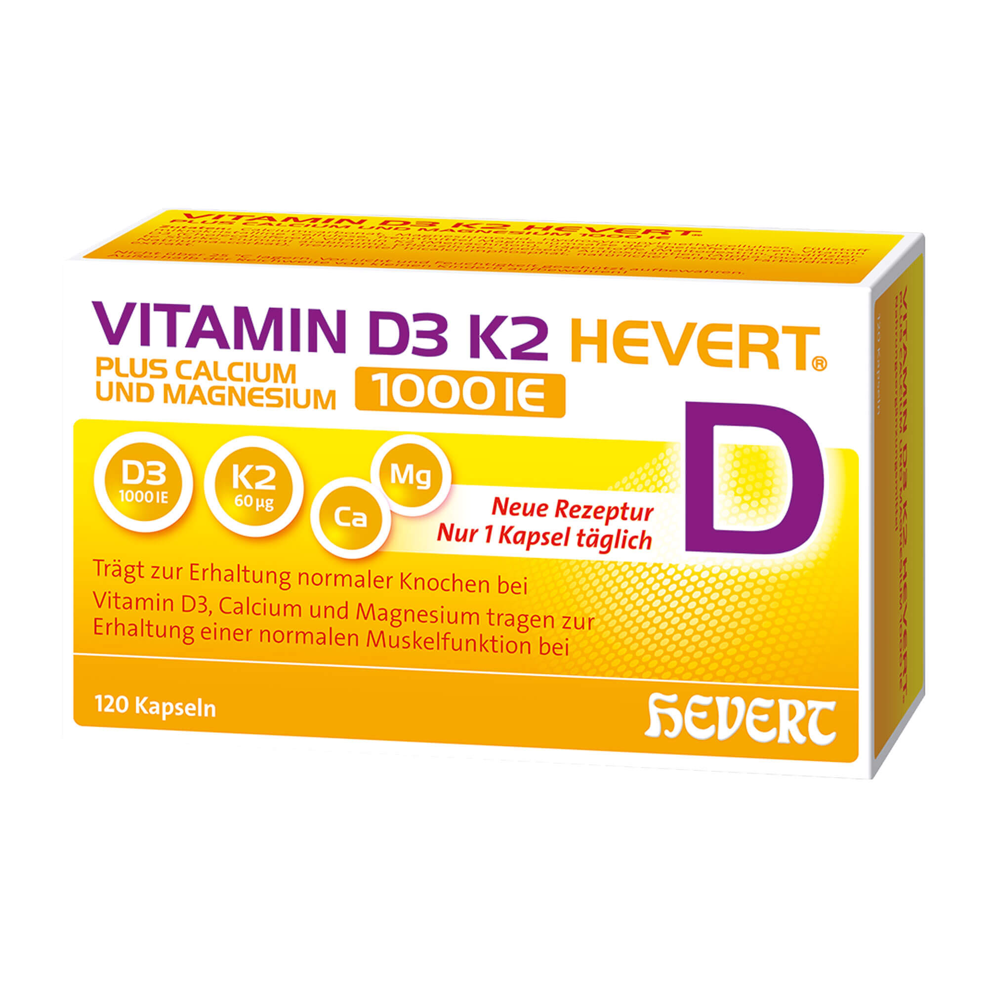 Nahrungsergänzungsmittel mit 4-fach-Formel aus den Mikronährstoffen Vitamin D3, Vitamin K2, Calcium und Magnesium. Für gesunde Knochen und Muskeln.