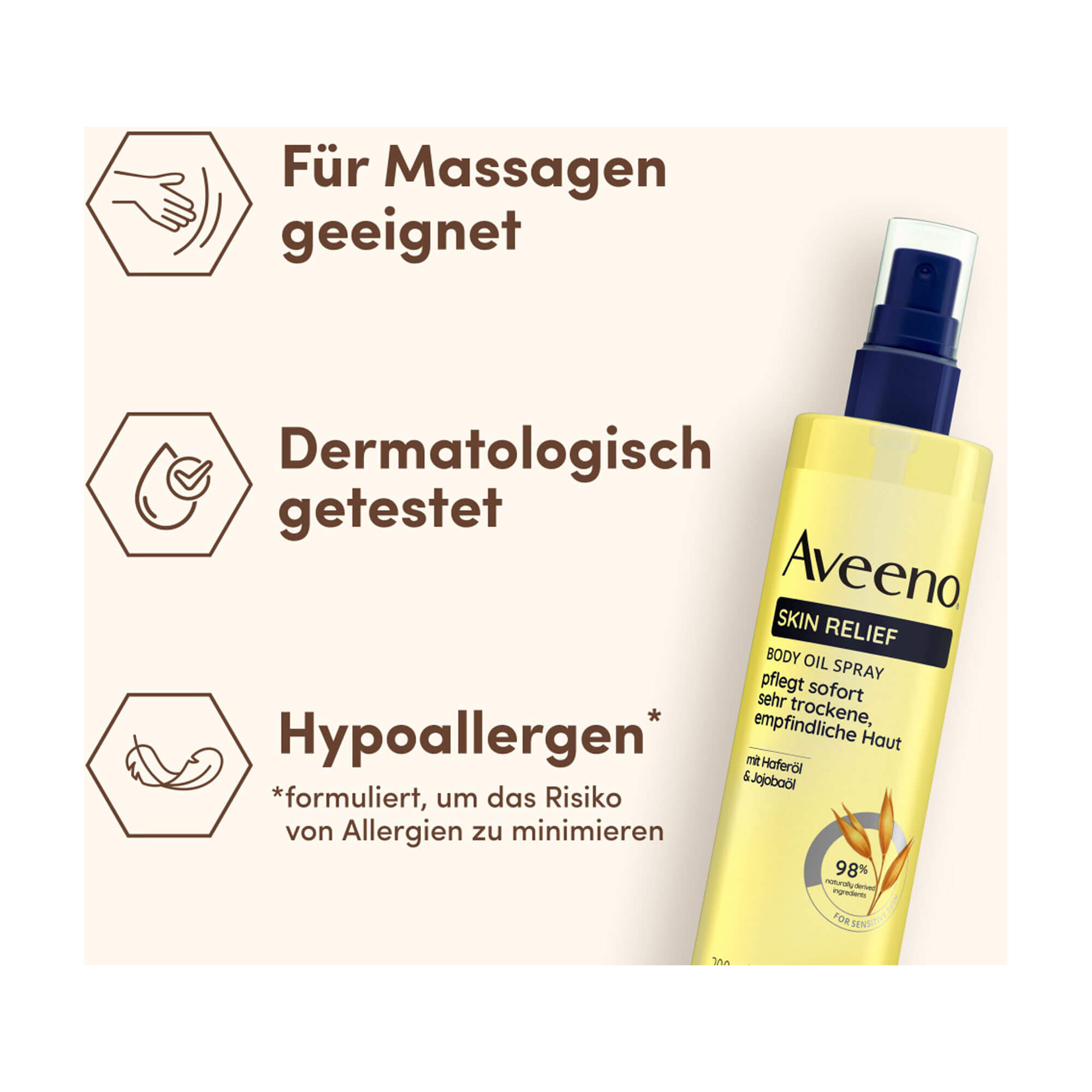 Grafik Aveeno Skin Relief Körperöl-Spray Für Massagen geeignet. Dermatologisch getestet. Hypoallergen*.