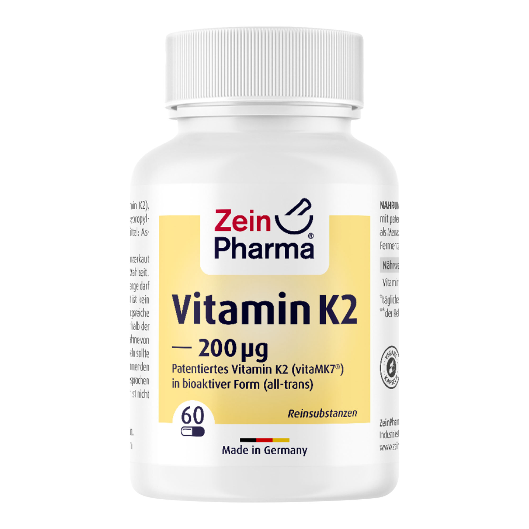 Nahrungsergänzungsmittel mit patentiertem Vitamin K2 (vitaMK7®) als Menachinon-7 (all-trans) aus natürlicher Fermentation in veganen Kapseln.