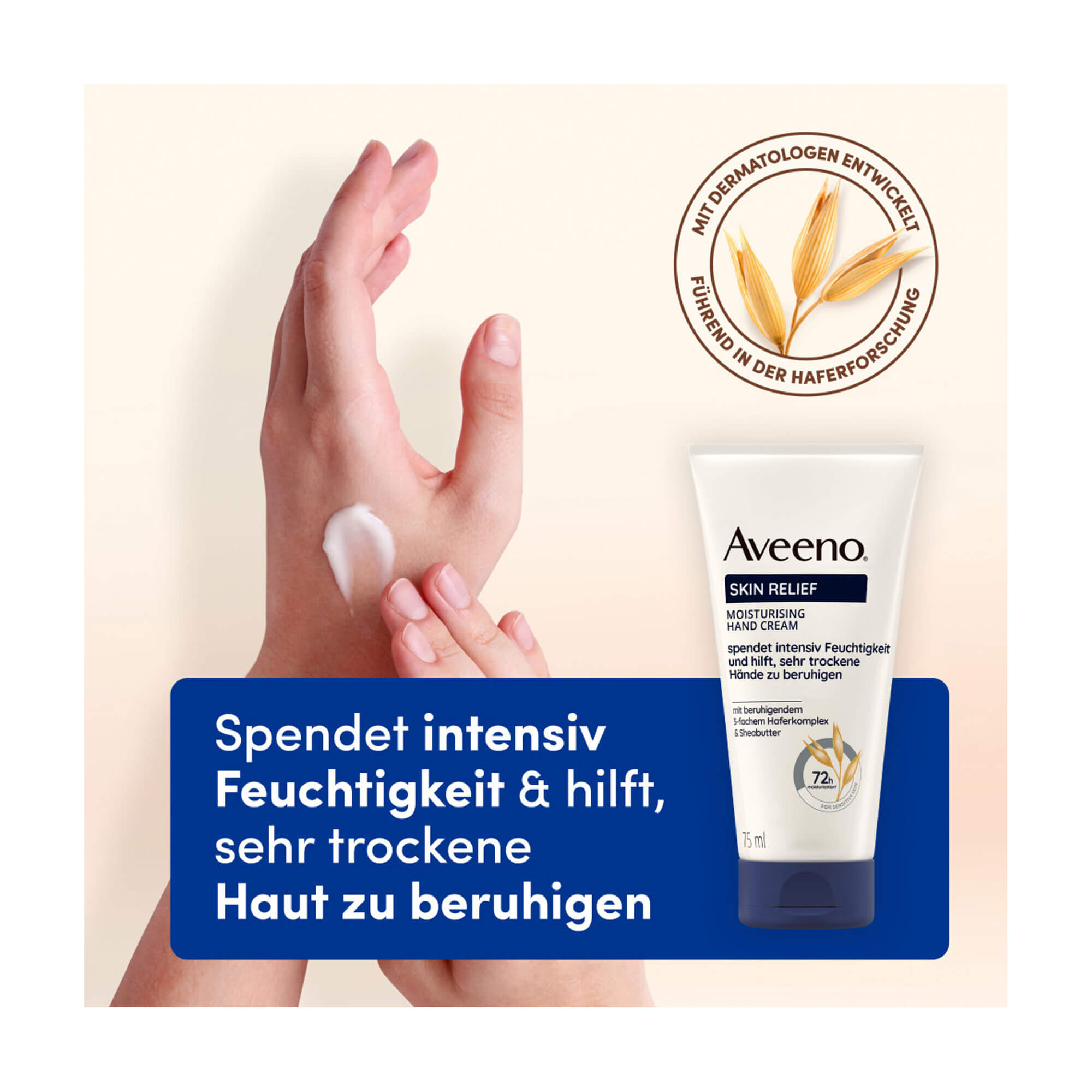 Grafik Aveeno Skin Relief Handcreme Spendet intensiv Feuchtigkeit und hilft, sehr trockene Haut zu beruhigen