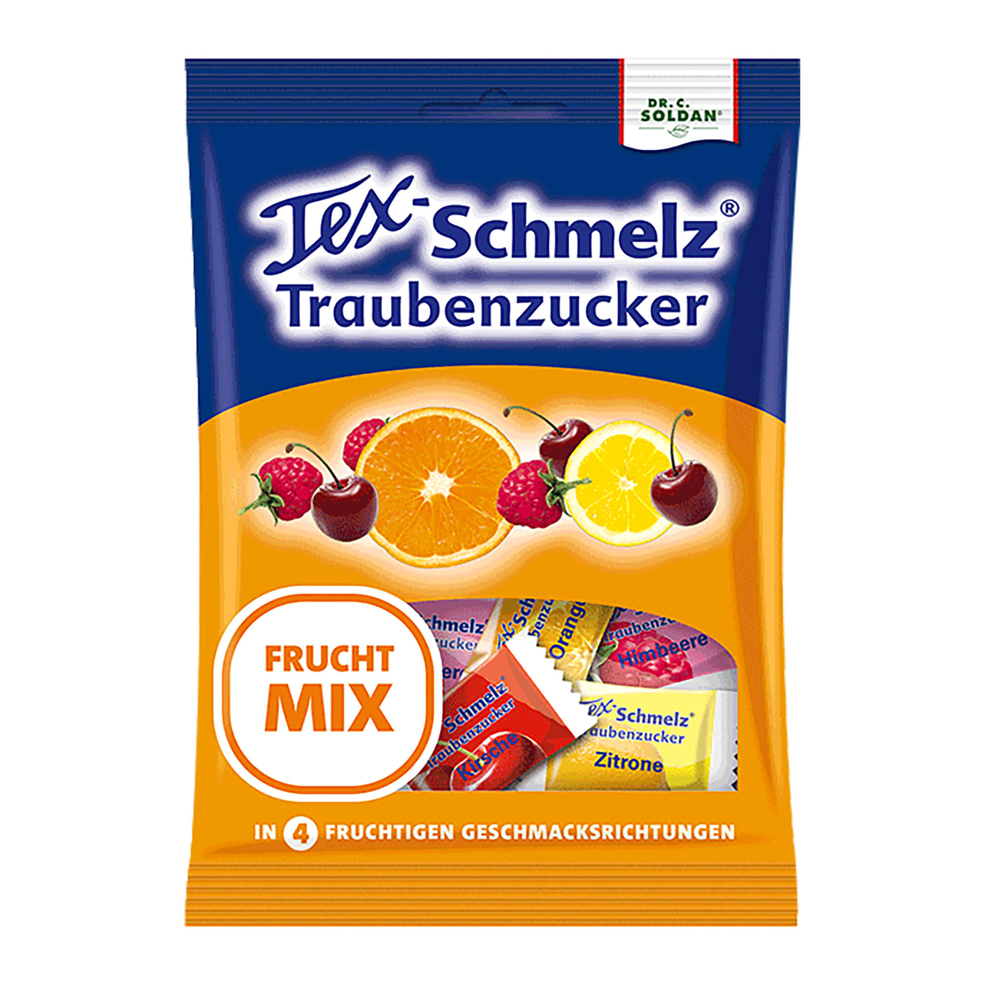 Dextrose-Bonbons in vier Geschmacksrichtungen: Orange, Himbeere, Kirsche und Zitrone.