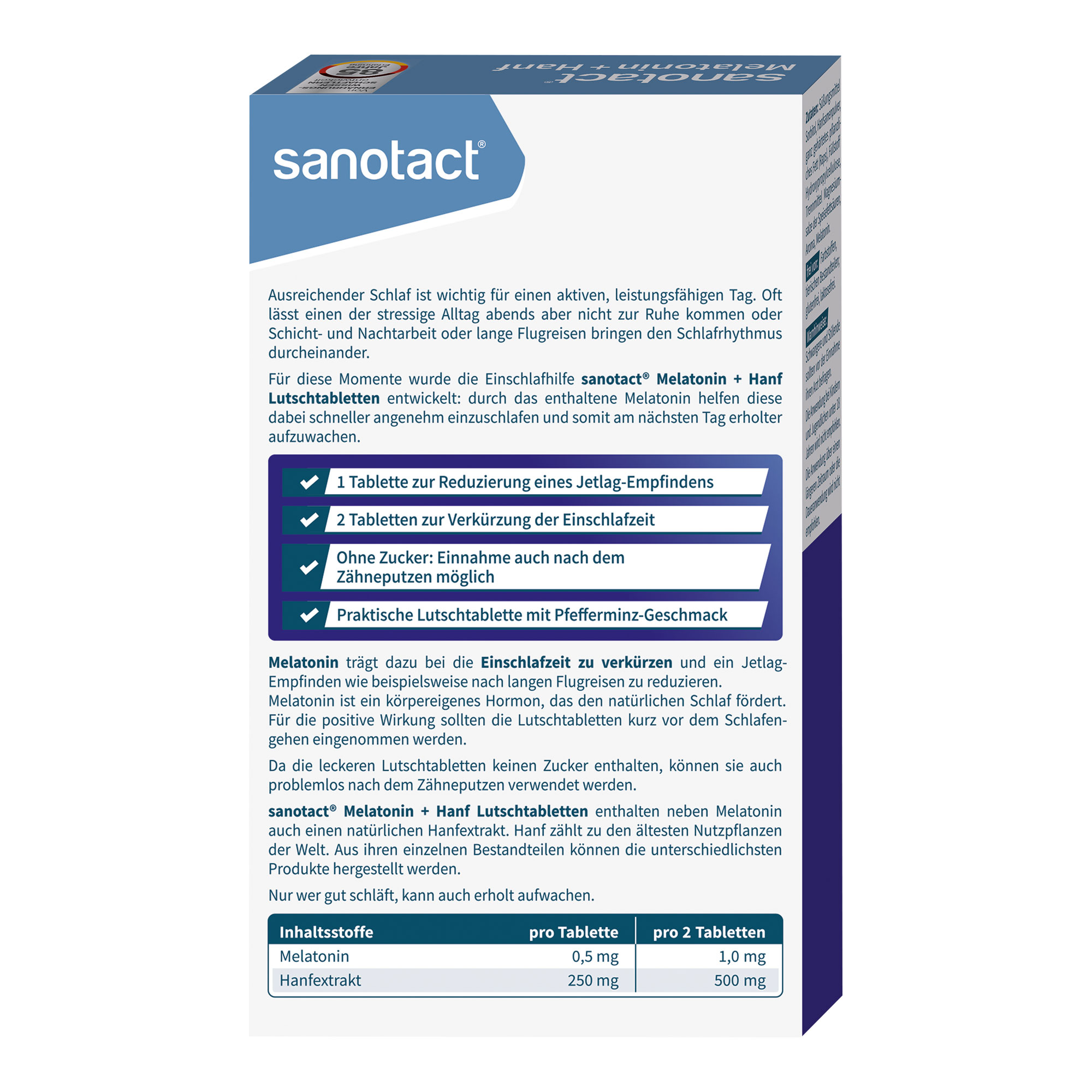 Sanotact Hanf + Melatonin Tabletten Packungsrückseite