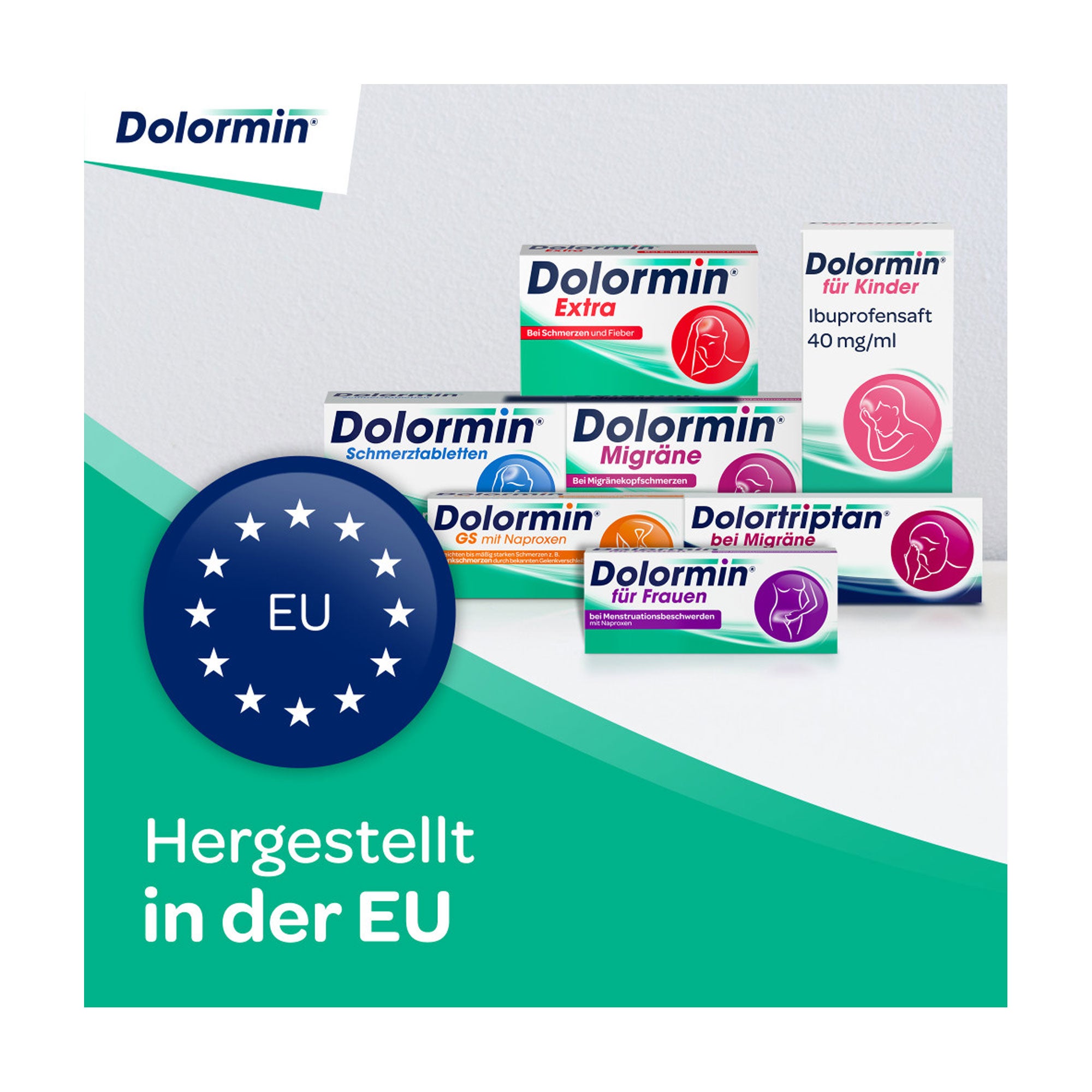 Grafik Dolormin Produktsortiment. Hergestellt in der EU.