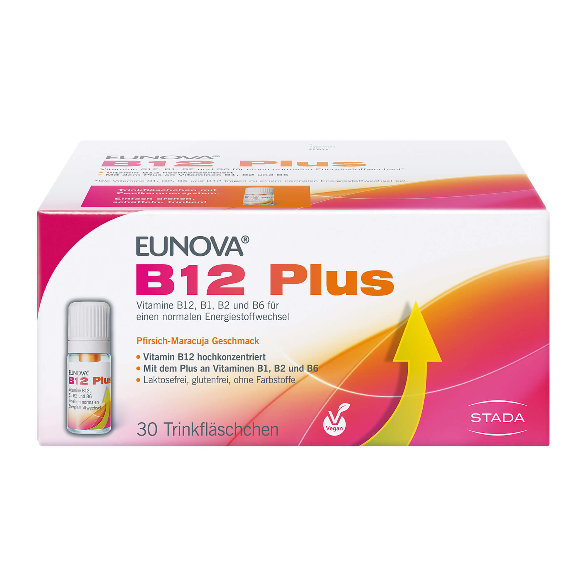 Nahrungsergänzungsmittel mit Vitaminen B12, B1, B2 und B6. Mit Pfirsich-Maracuja Geschmack.