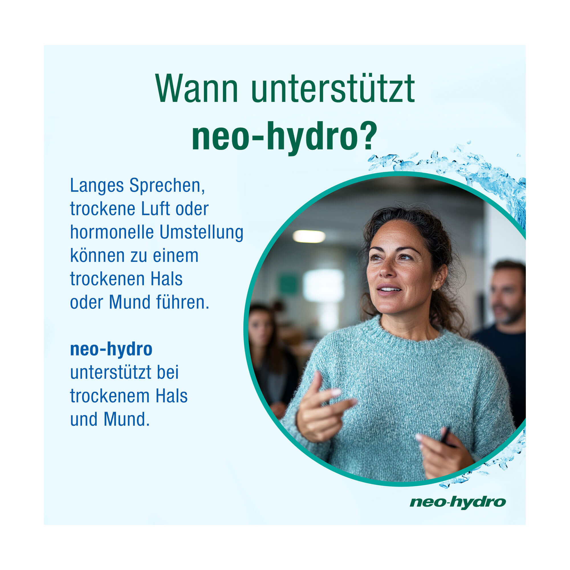 Grafik neo-hydro Lutschtabletten Menthol-Geschmack zuckerfrei Unterstützt bei trockenem Hals und Mund