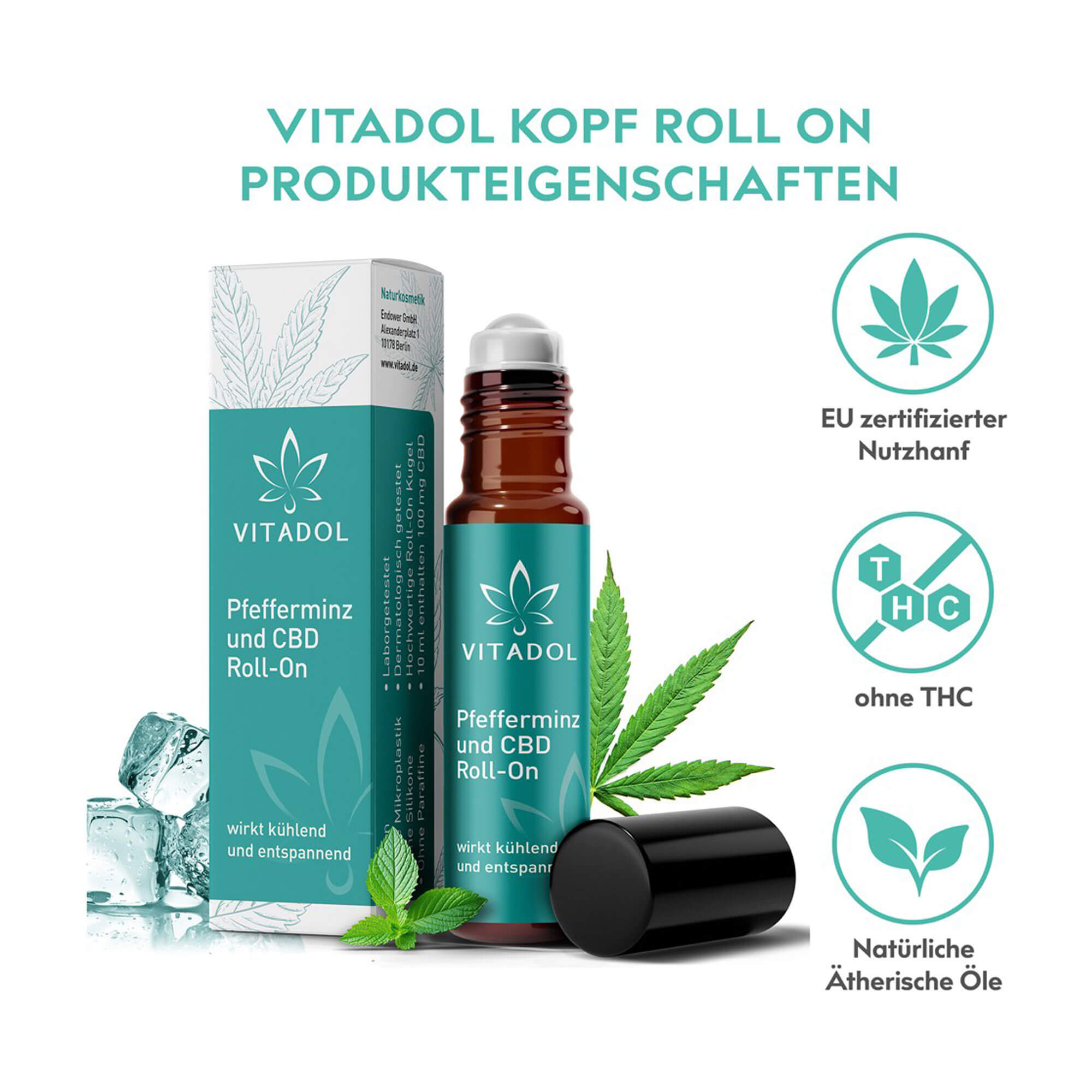 Grafik Vitadol Pfefferminz und CBD Roll-On Produkteigenschaften