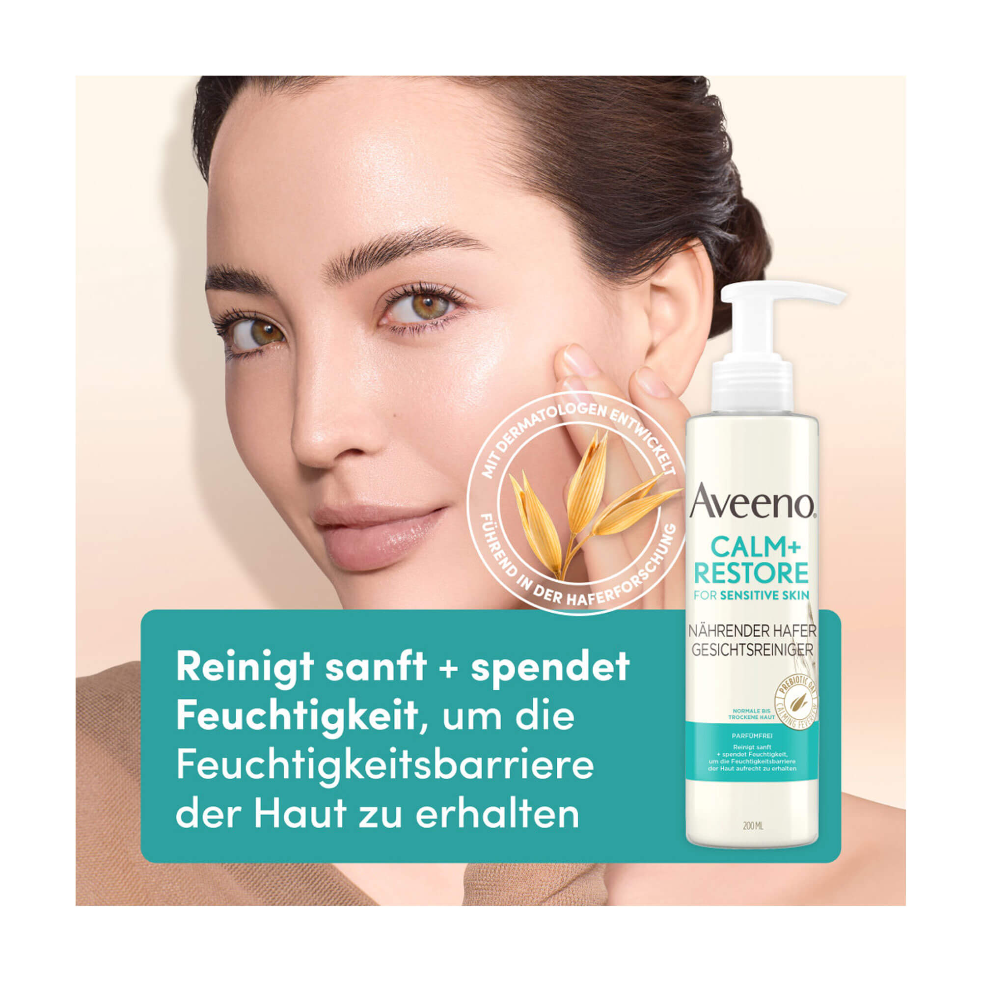 Grafik Aveeno CALM+RESTORE Nährender Hafer Gesichtsreiniger Reinigt sanft und spendet Feuchtigkeit, um die Feuchtigkeitsbarriere der Haut zu erhalten