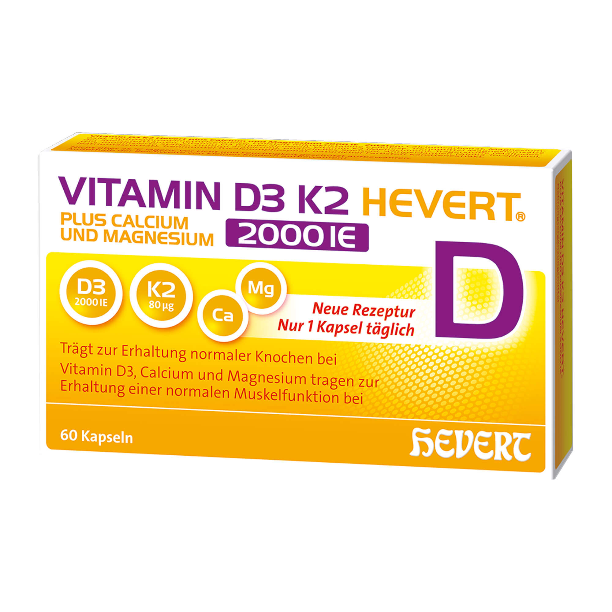 Nahrungsergänzungsmittel mit Vitamin D3, Vitamin K2, Calcium und Magnesium. Für gesunde Knochen und Muskeln. Ab 15 Jahre.