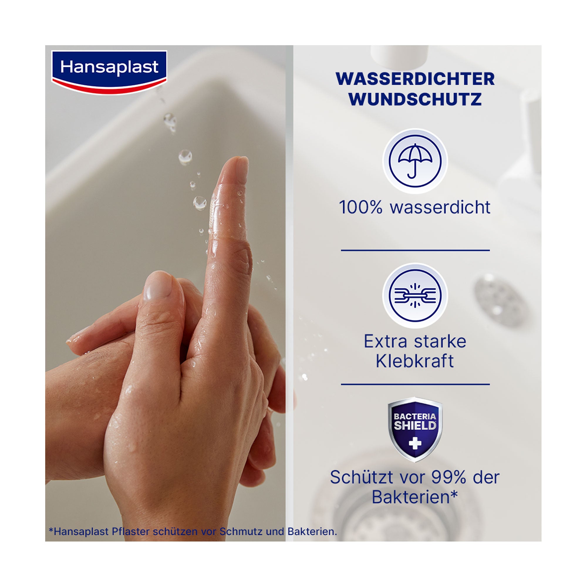 Grafik Hansaplast Aqua Protect Pflasterstrips Wasserdichter Wundschutz und extra starke Klebekraft