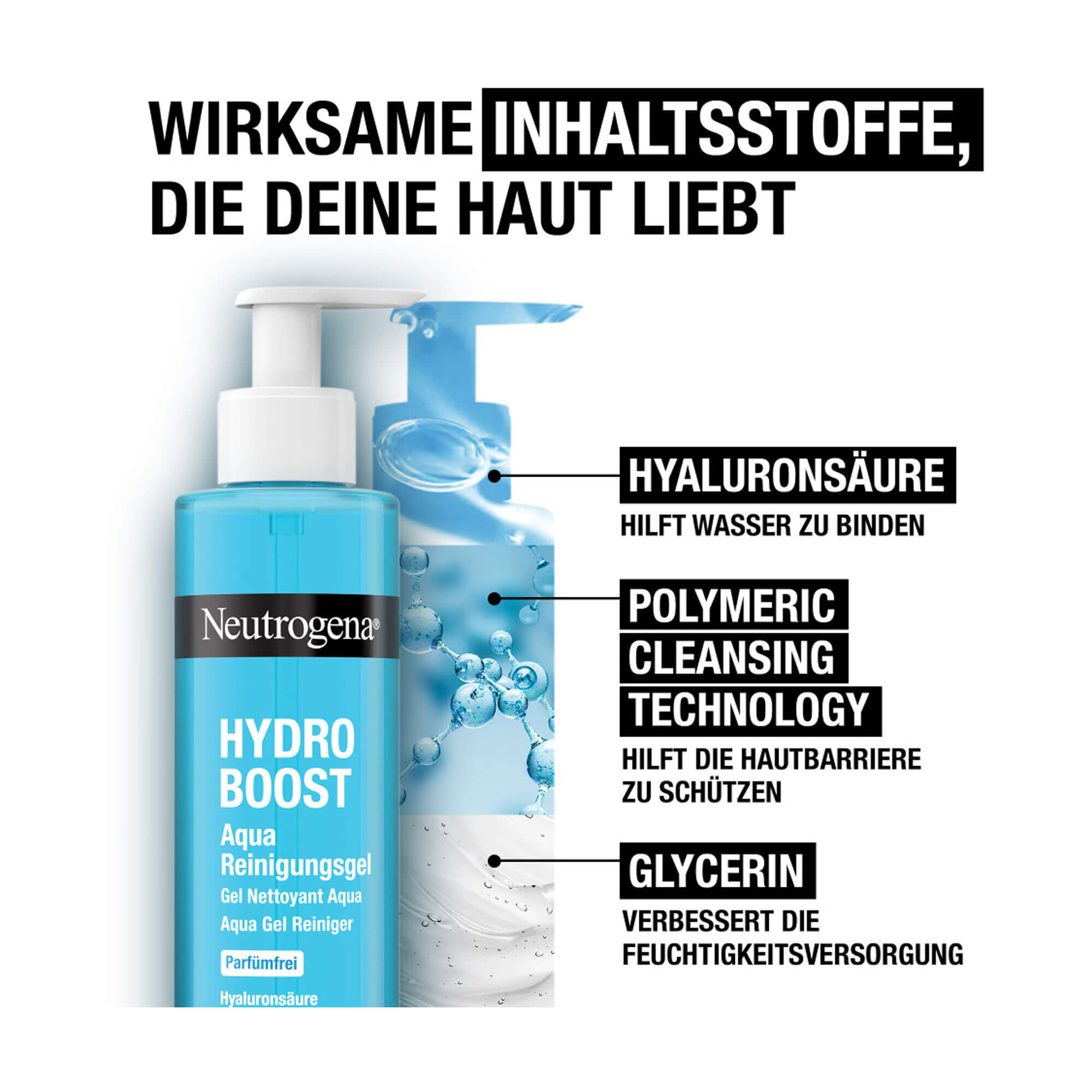 Grafik Neutrogena Hydro Boost Aqua Parfümfreies Reinigungsgel Mit Hyaluronsäure, Polymeric Cleansing Technology und Glycerin