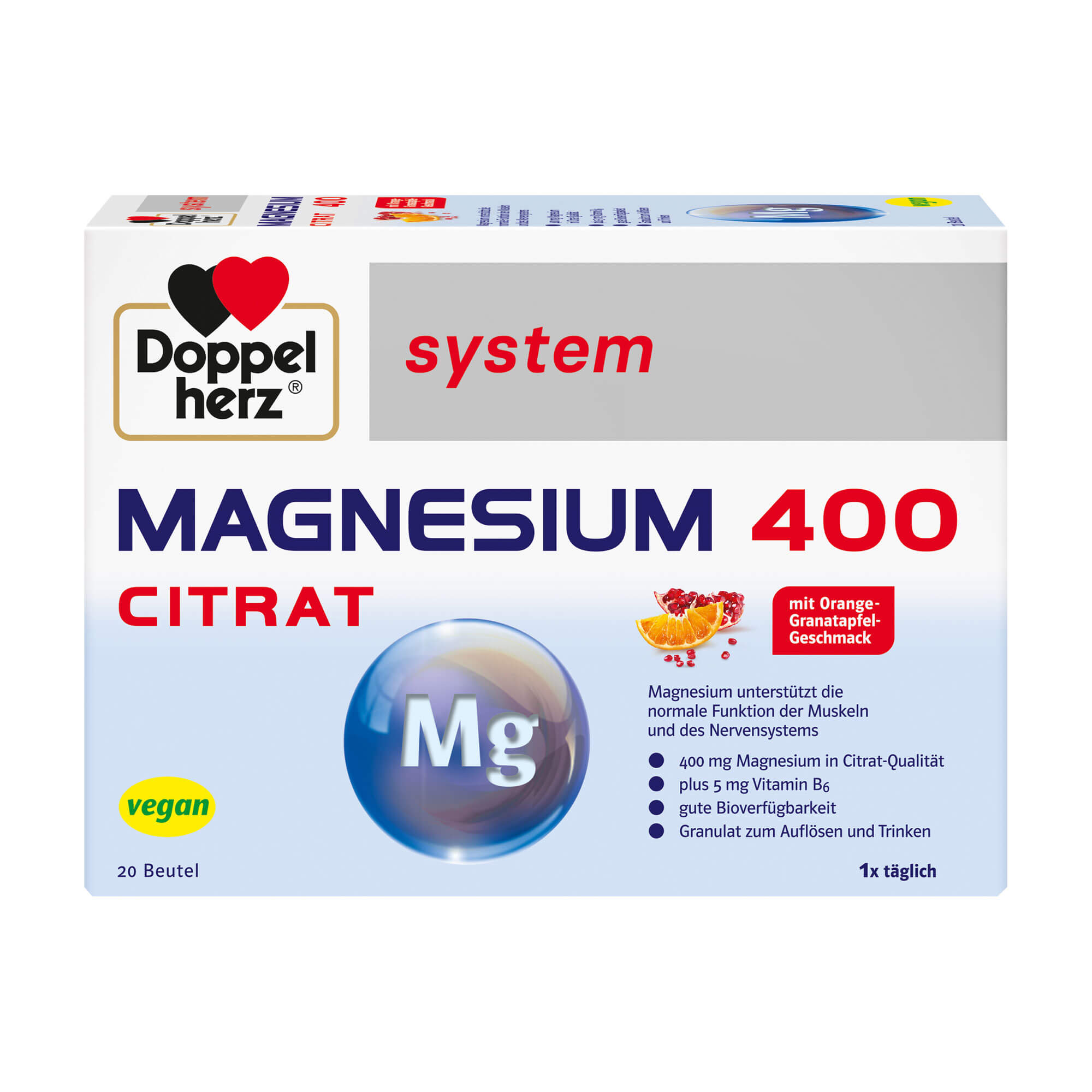 Nahrungsergänzungsmittel mit Magnesium, Vitamin B6 und Vitamin C. Mit Orange-Granatapfel-Geschmack.