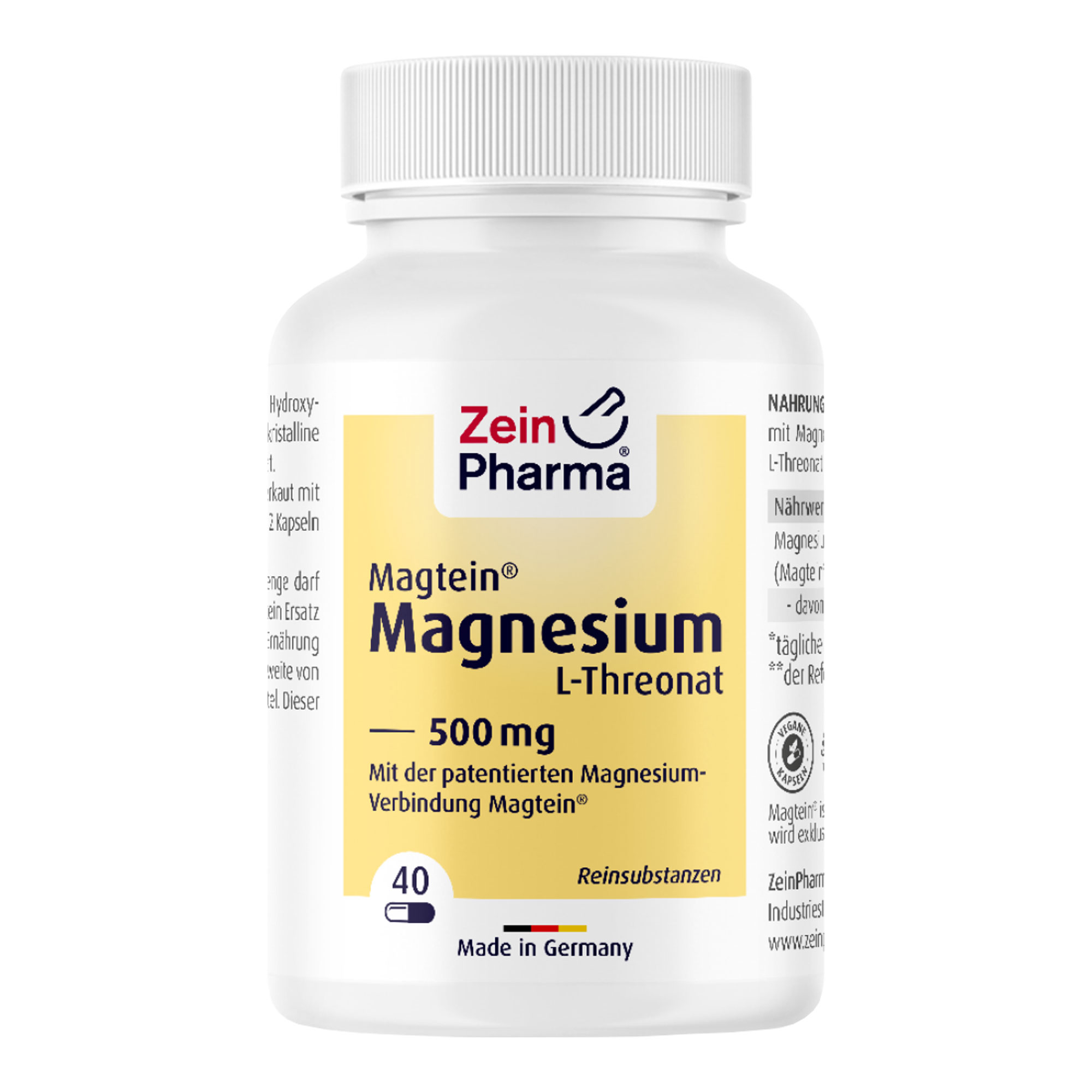 Nahrungsergänzungsmittel mit Magnesium in Form von Magnesium-L-Threonat (Magtein®) in veganen Kapseln.