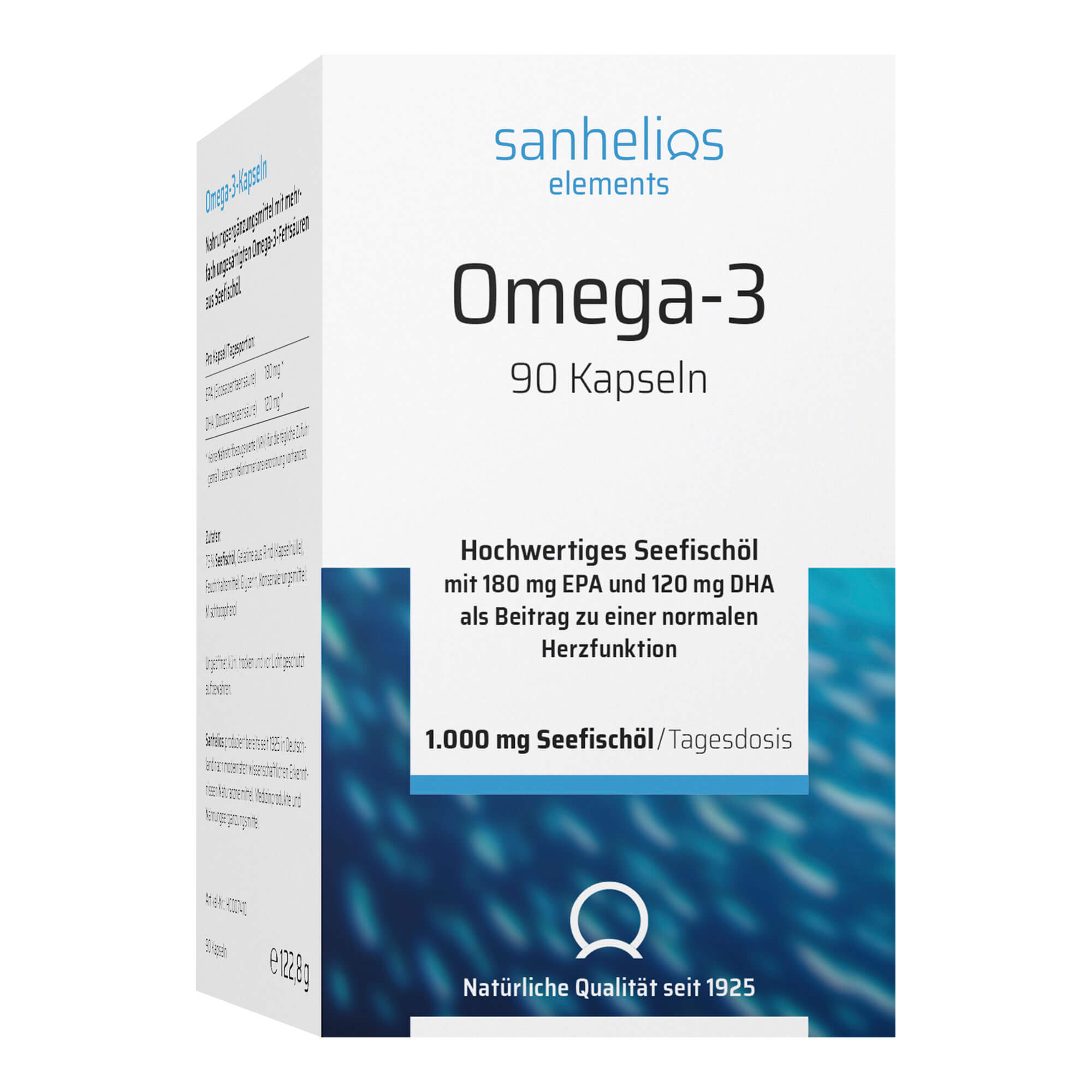 Nahrungsergänzungsmittel mit mehrfach ungesättigten Omega-3-Fettsäuren aus Seefischöl.