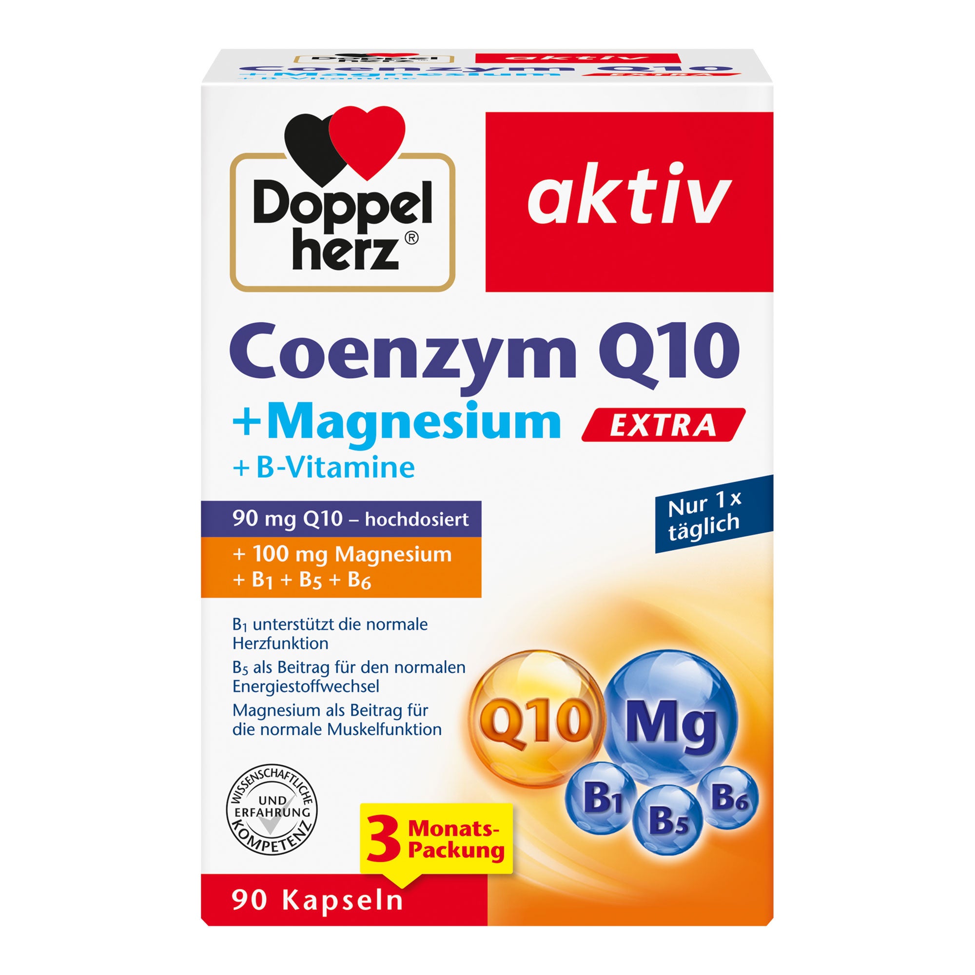 Nahrungsergänzungsmittel mit Coenzym Q10, Magnesium und B-Vitaminen.