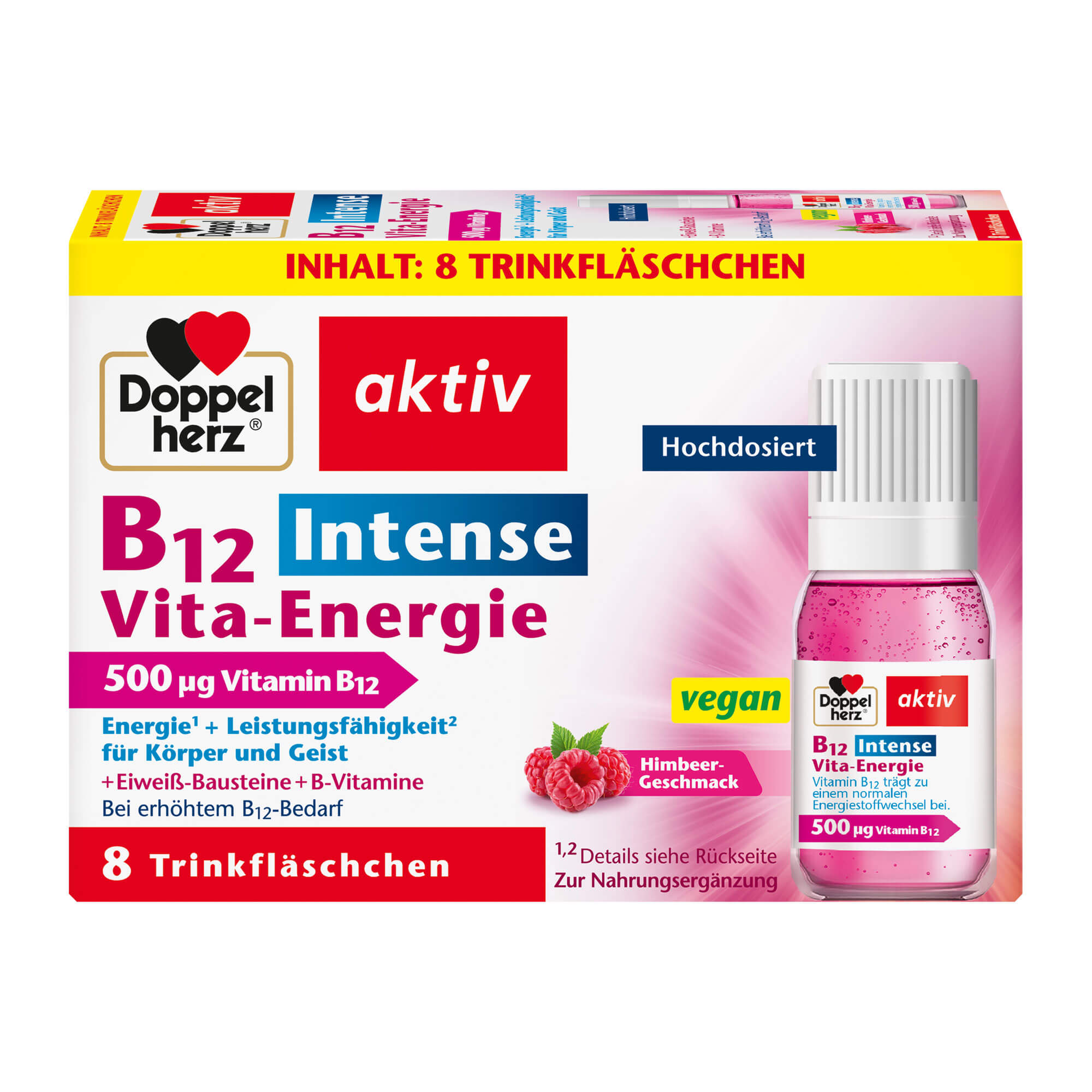 Nahrungsergänzungsmittel mit Vitamin B12, B1, B6, Niacin und Aminosäuren. Mit Himbeer-Geschmack.