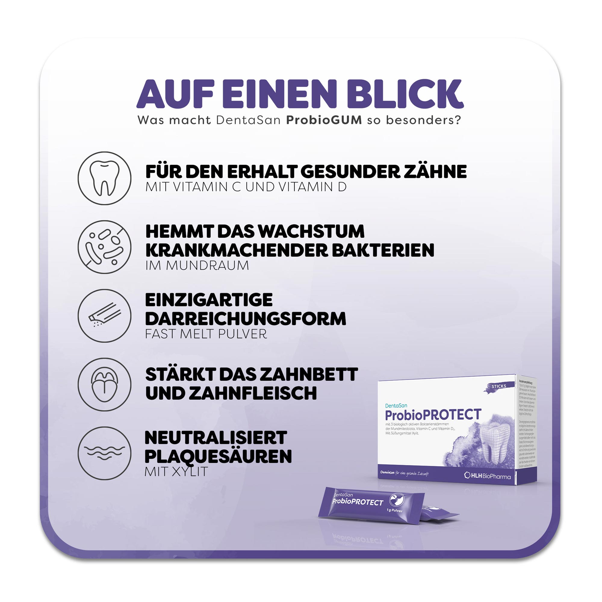 Grafik DentaSan ProbioPROTECT Sticks Merkmale des Produktes auf einen Blick