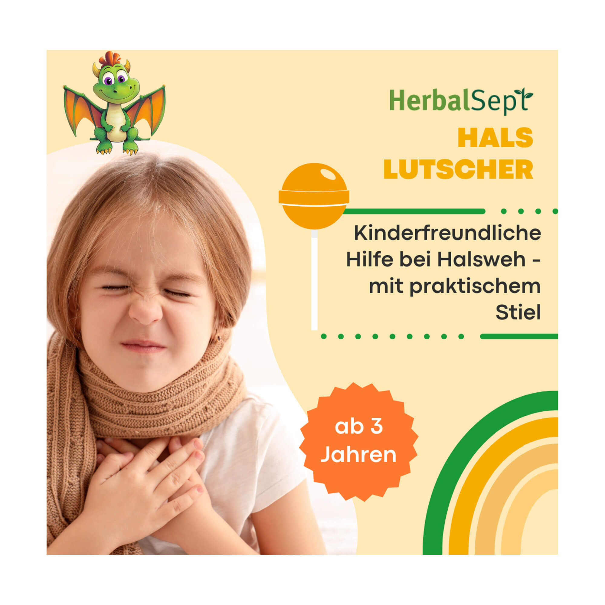 Grafik Dr. Theiss HerbalSept Hals Lutscher Kids Kinderfreundliche Hilfe bei Husten mit praktischem Stiel. Ab 3 Jahren.